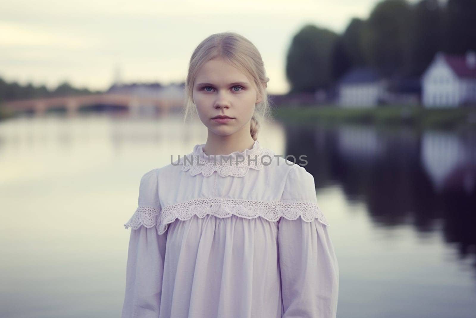 A teenage Russian girl with long red hair stands by a river with a bridge in the background. (generative AI)