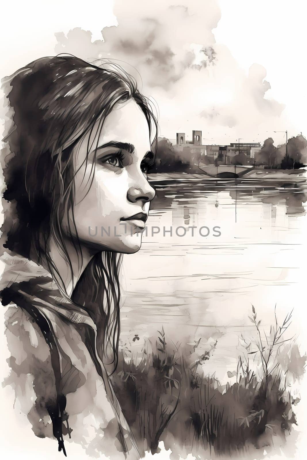 A teenage Russian girl with long red hair stands by a river with a bridge in the background. (generative AI)