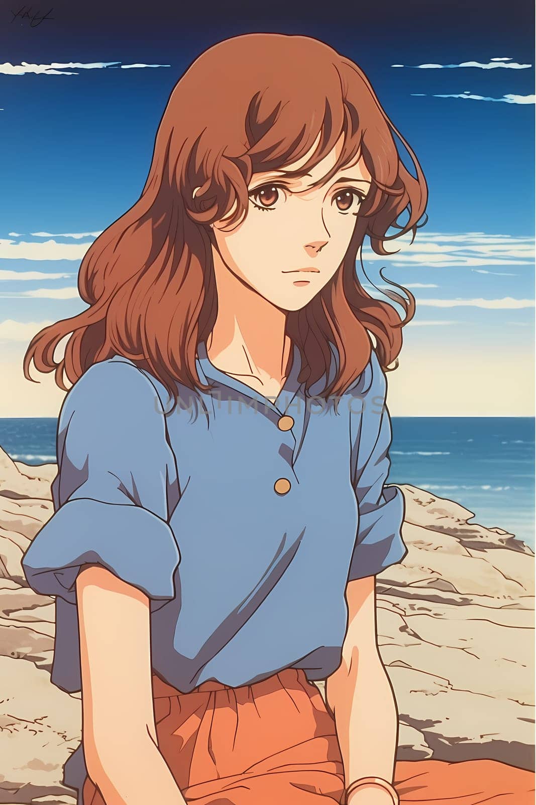 A teenage Caucasian girl is captured at a picturesque beach. (generative AI)