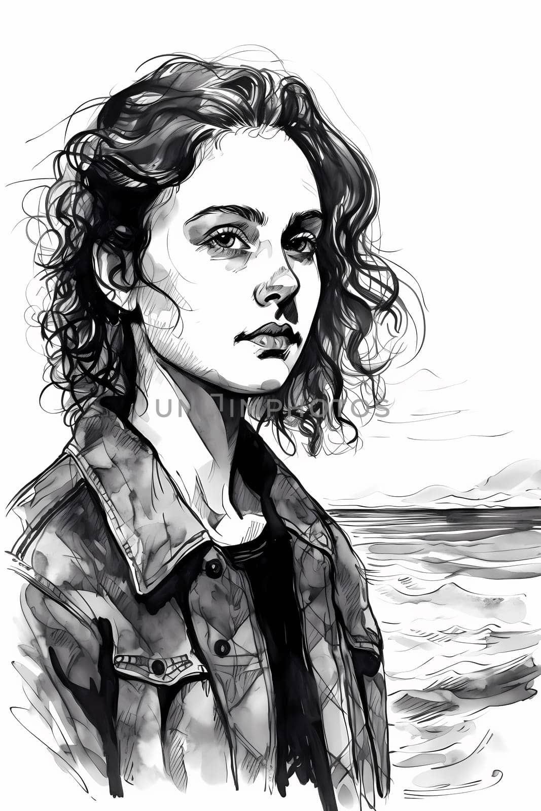 A teenage Caucasian girl is captured at a picturesque beach. (generative AI)