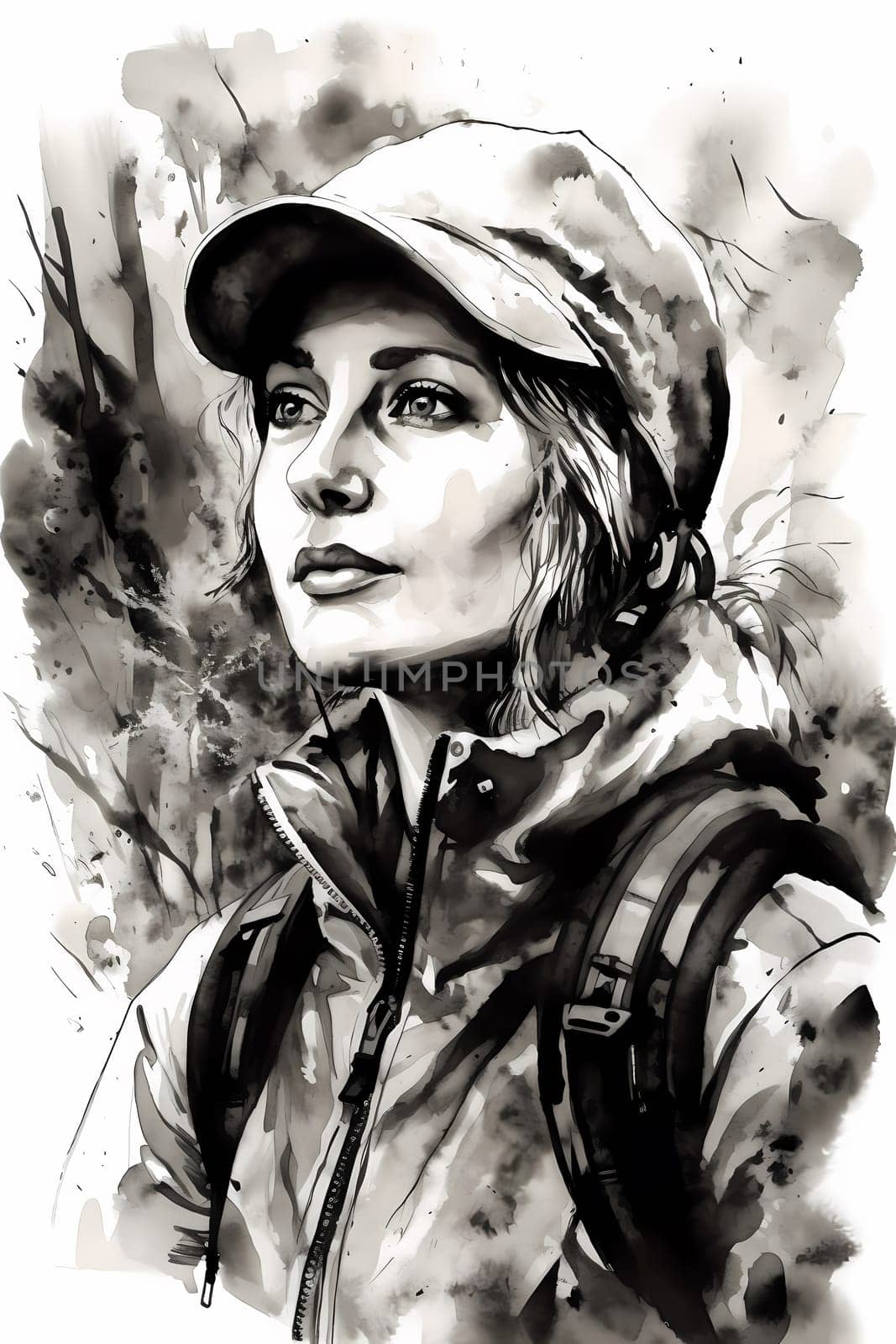 A woman 26 years old Caucasian is being portrayed in a peaceful mountain trail surrounded by trees and nature (generative AI)