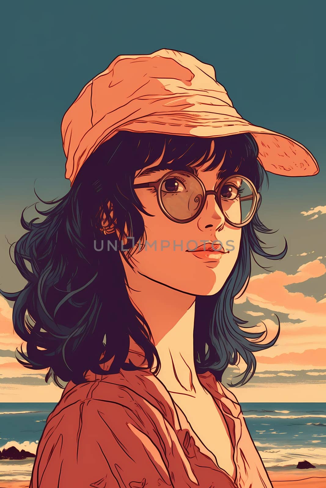 A teenage Caucasian girl is captured at a picturesque beach. (generative AI)