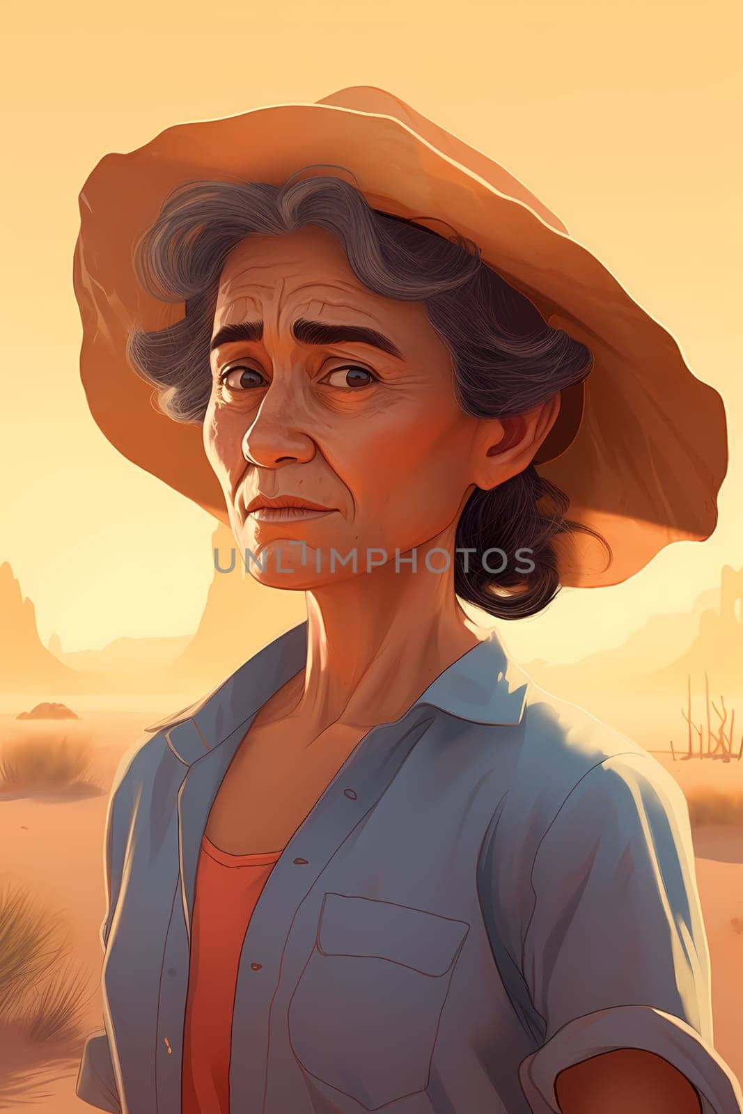 A middle-aged Hispanic woman wearing a poncho and holding a cactus is standing in a desert landscape. (generative AI)