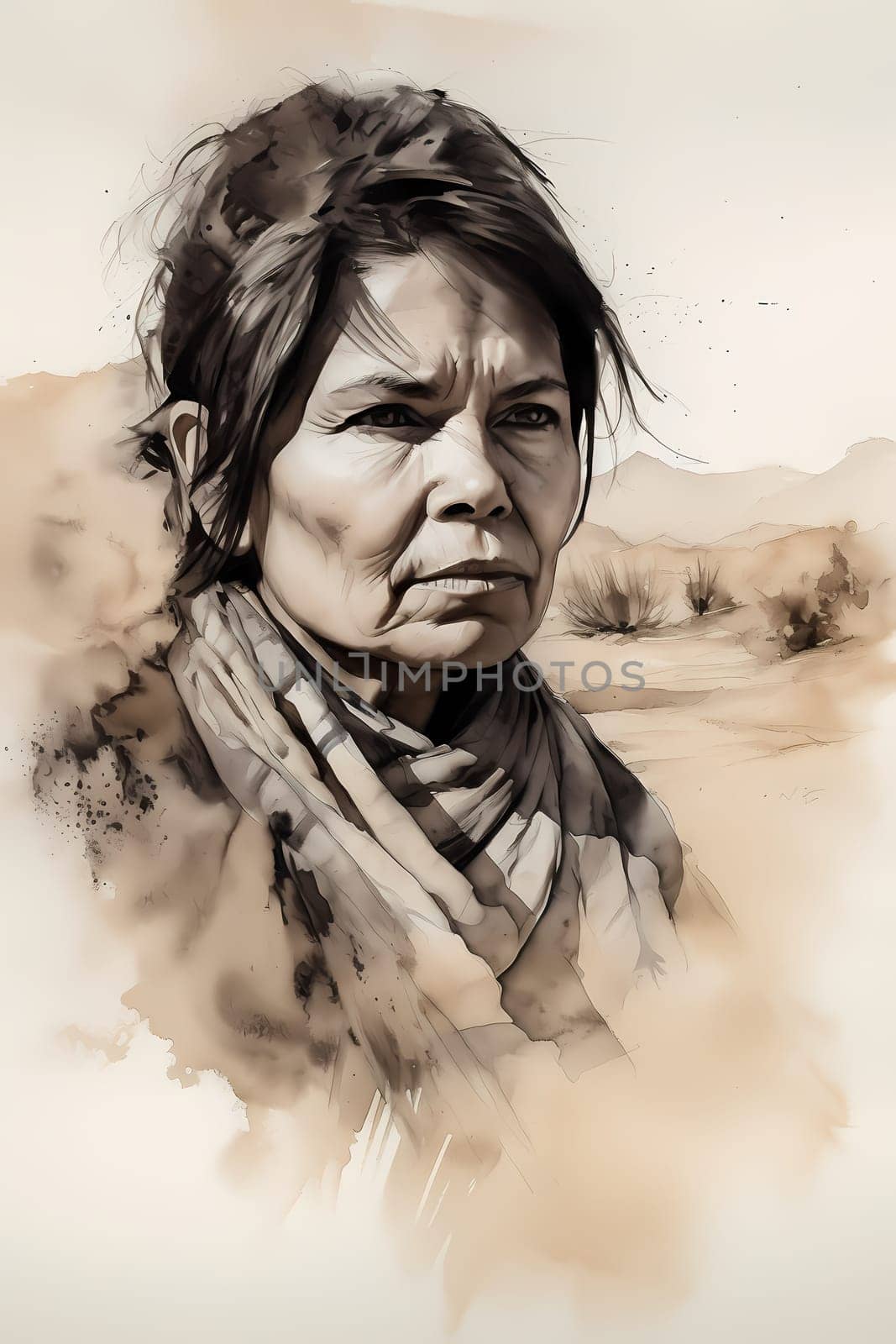 A middle-aged Hispanic woman wearing a poncho and holding a cactus is standing in a desert landscape. (generative AI)