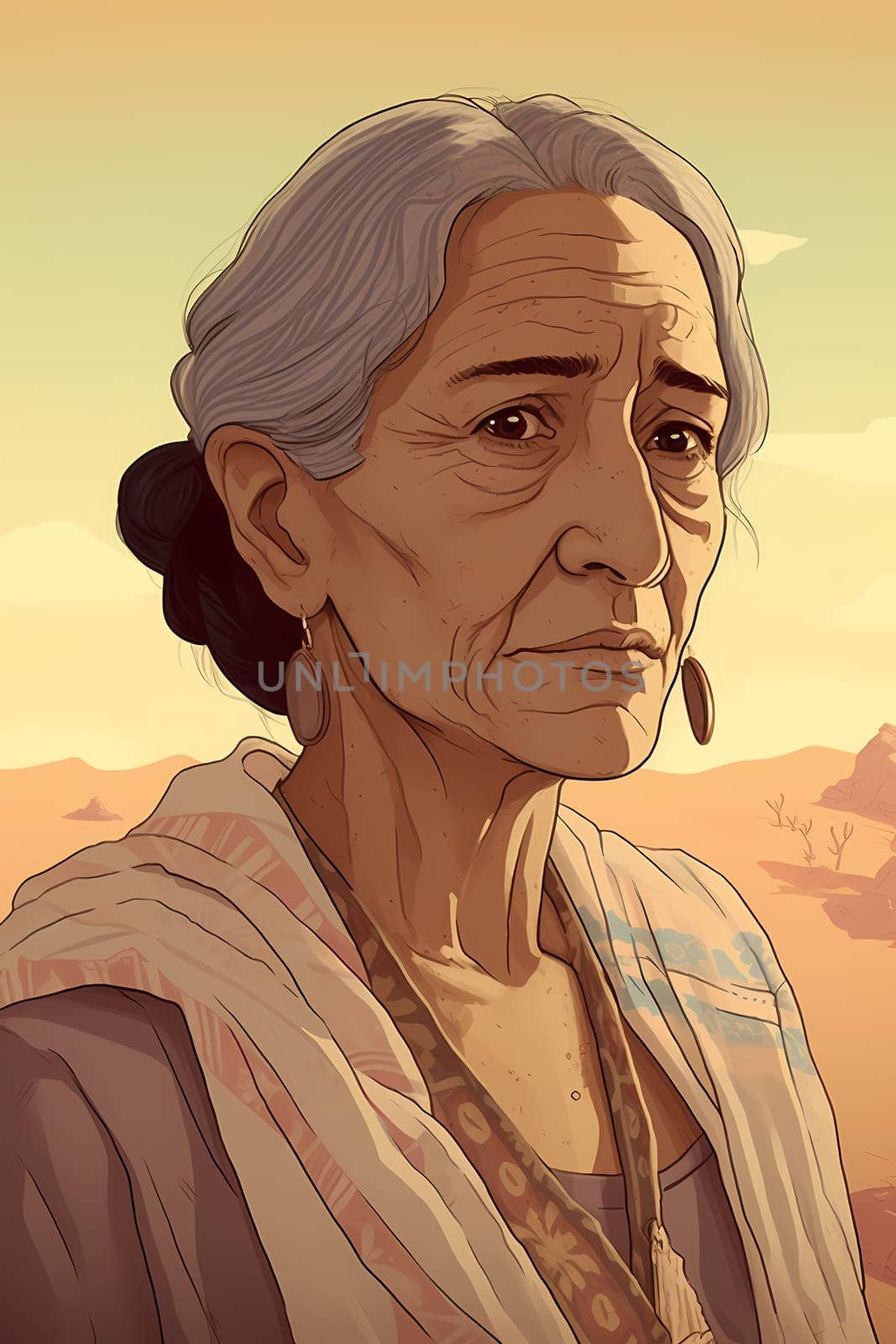 A middle-aged Hispanic woman wearing a poncho and holding a cactus is standing in a desert landscape. (generative AI)