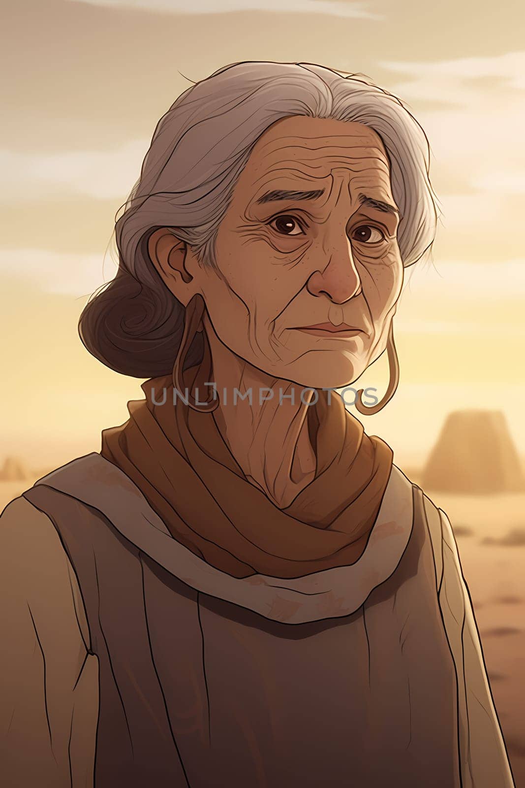 A middle-aged Hispanic woman wearing a poncho and holding a cactus is standing in a desert landscape. (generative AI)