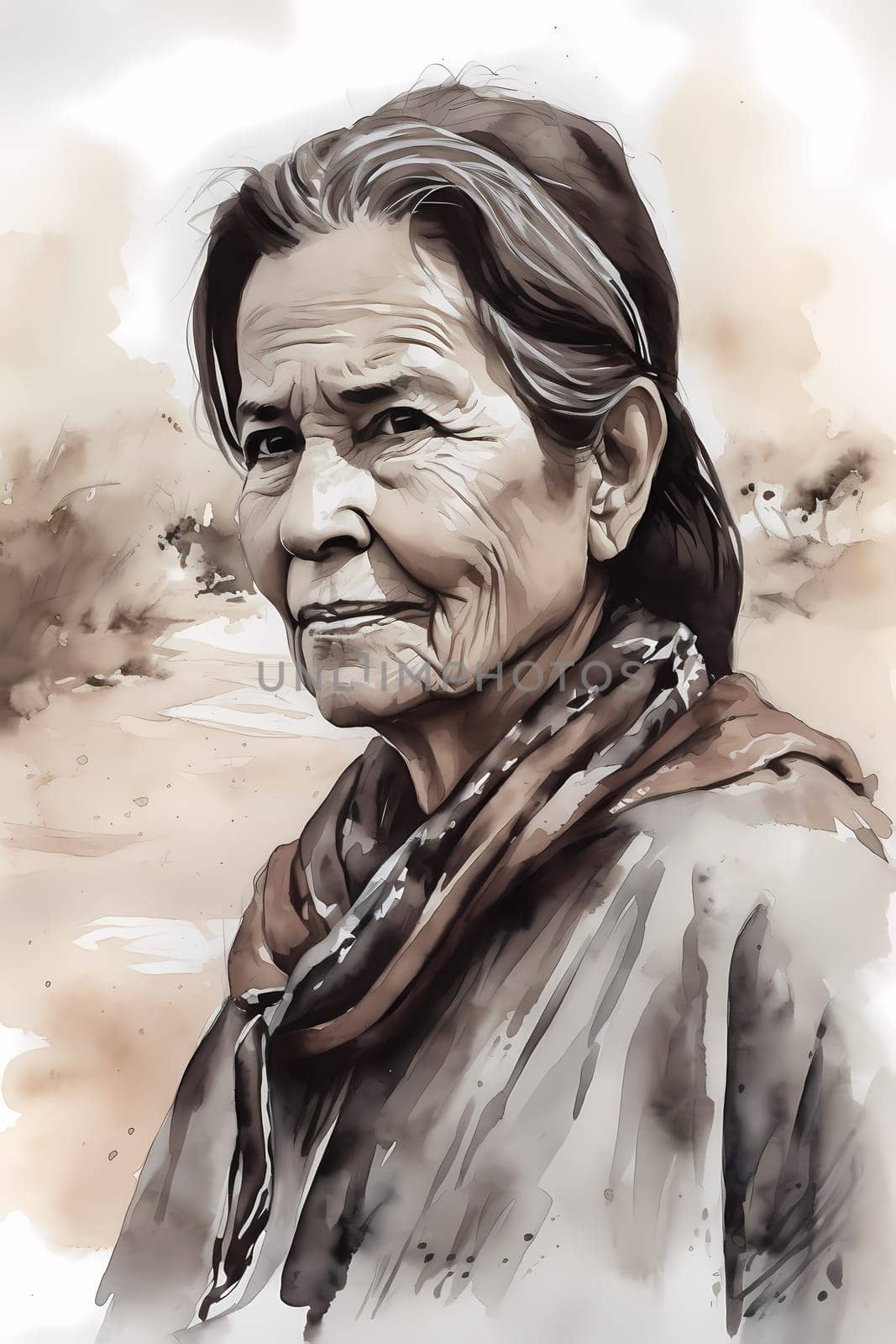 A middle-aged Hispanic woman wearing a poncho and holding a cactus is standing in a desert landscape. (generative AI)