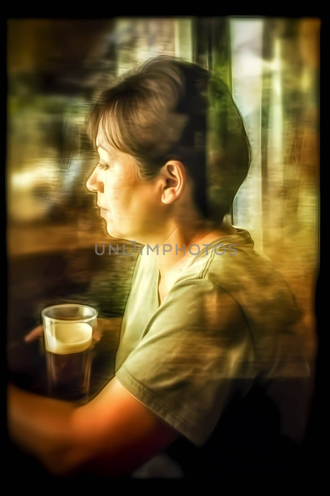 A middle-aged Latina woman is captured inside a cozy coffee shop. (generative AI)