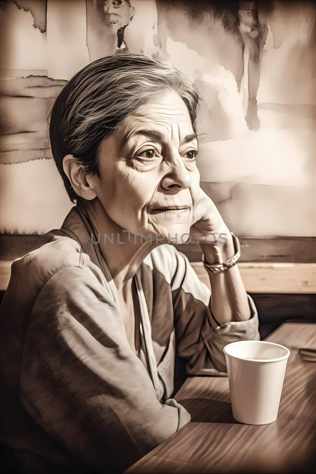 A middle-aged Latina woman is captured inside a cozy coffee shop. (generative AI)