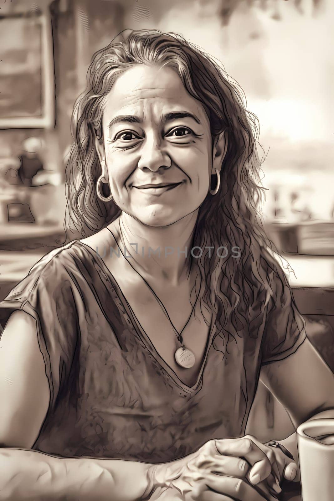 A middle-aged Latina woman is captured inside a cozy coffee shop. (generative AI)