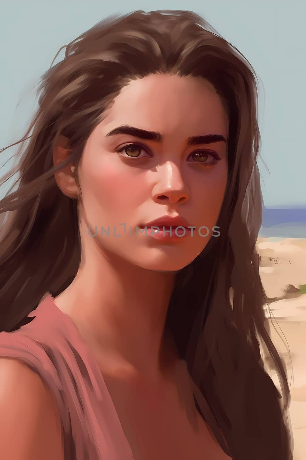 A youthful Hispanic woman of 19 years old stands on a sandy beach with the sea in the background. (generative AI)