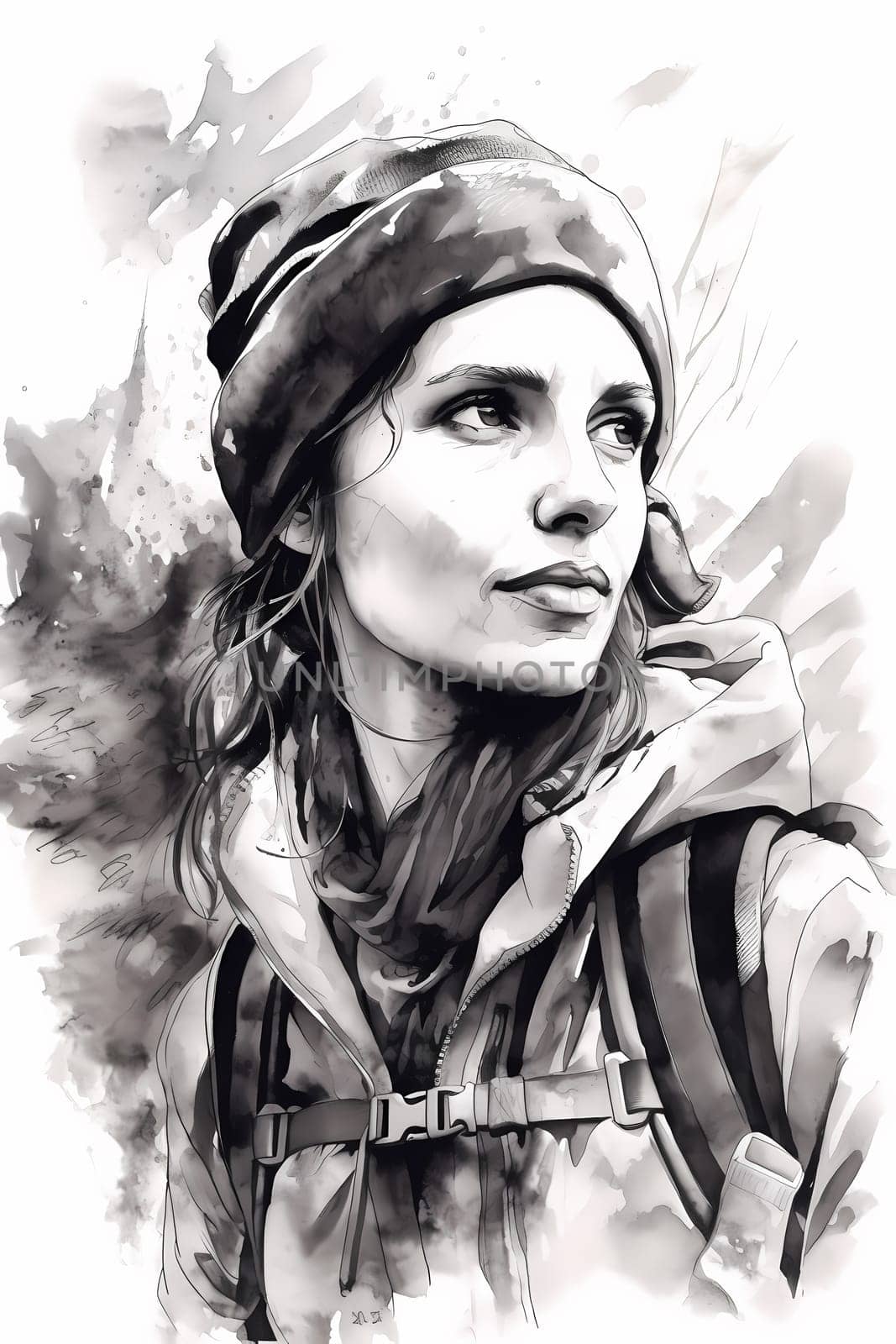 A woman 26 years old Caucasian is being portrayed in a peaceful mountain trail surrounded by trees and nature (generative AI)