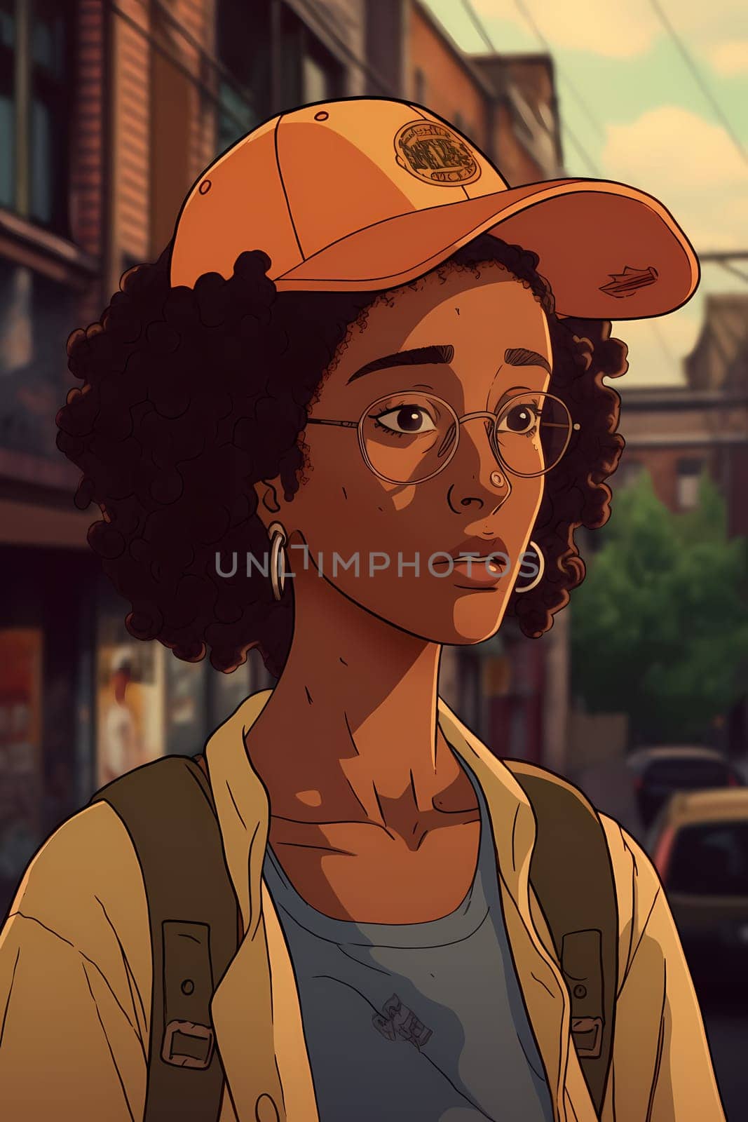 A woman 30 years old African American is being portrayed in the middle of a busy city street (generative AI)