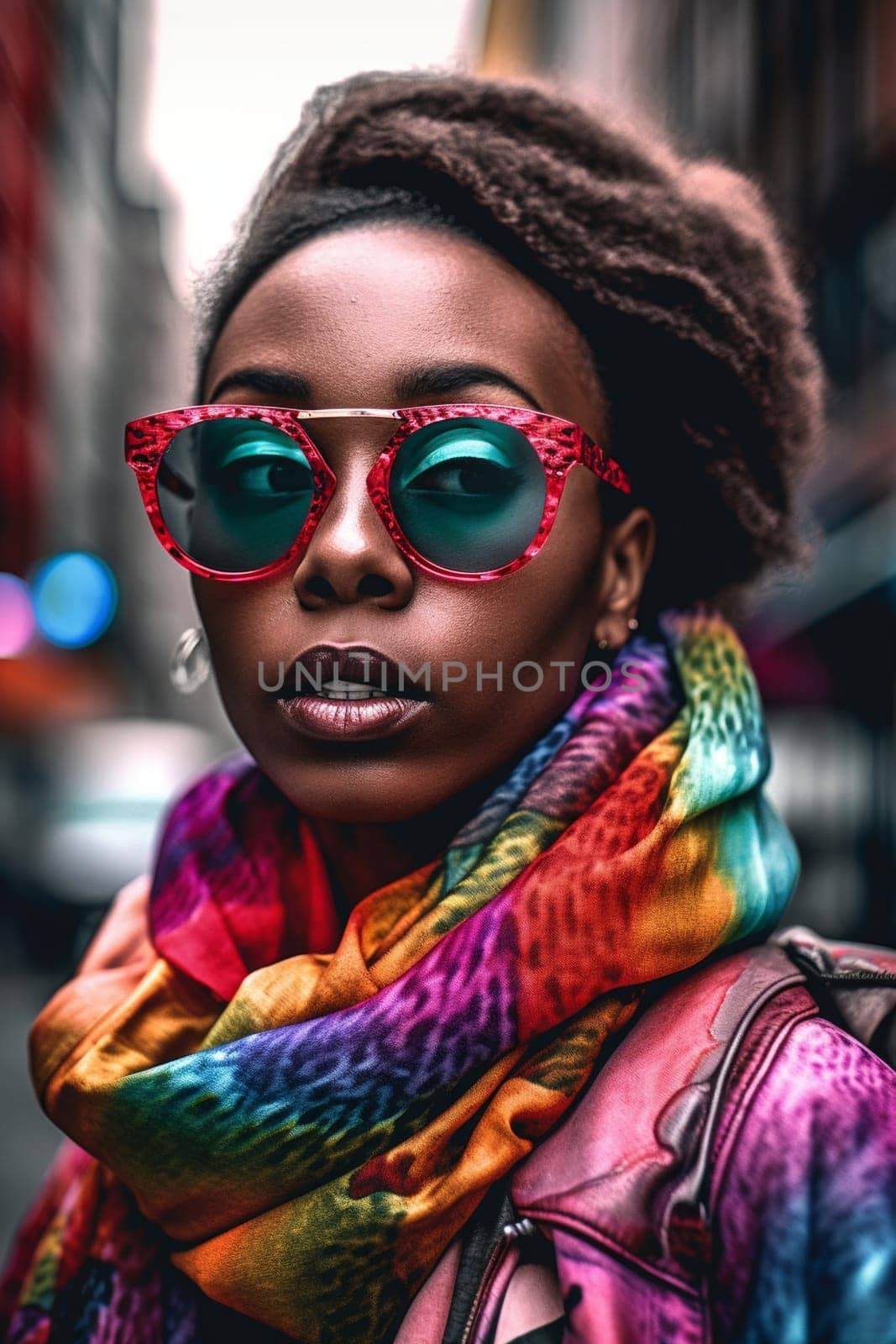 A woman 30 years old African American is being portrayed in the middle of a busy city street (generative AI)