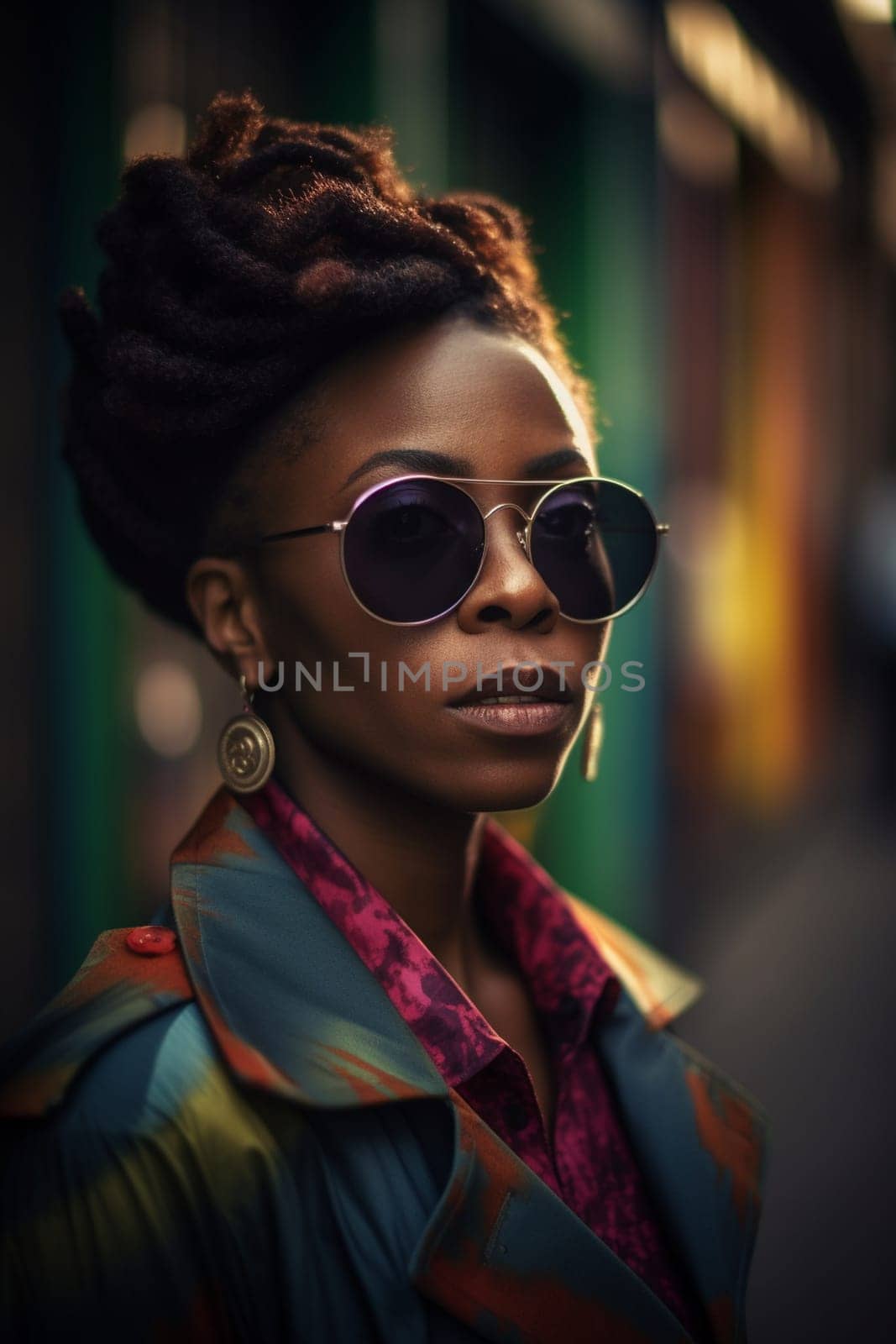 A woman 30 years old African American is being portrayed in the middle of a busy city street (generative AI)
