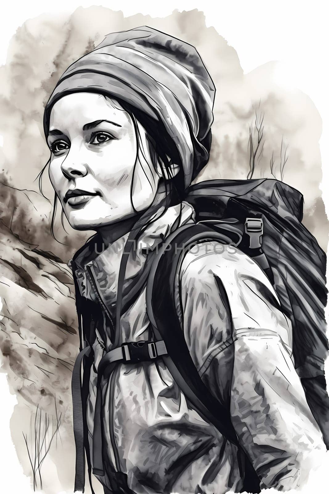A woman 26 years old Caucasian is being portrayed in a peaceful mountain trail surrounded by trees and nature (generative AI)