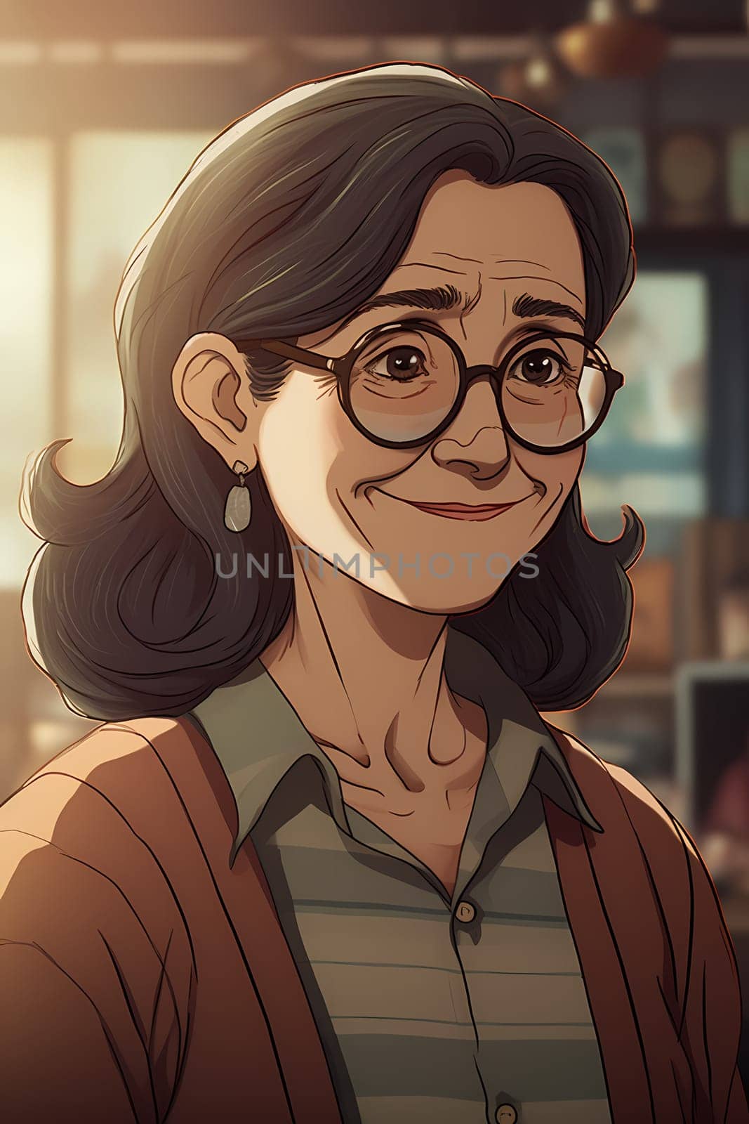 A middle-aged Latina woman is captured inside a cozy coffee shop. (generative AI)