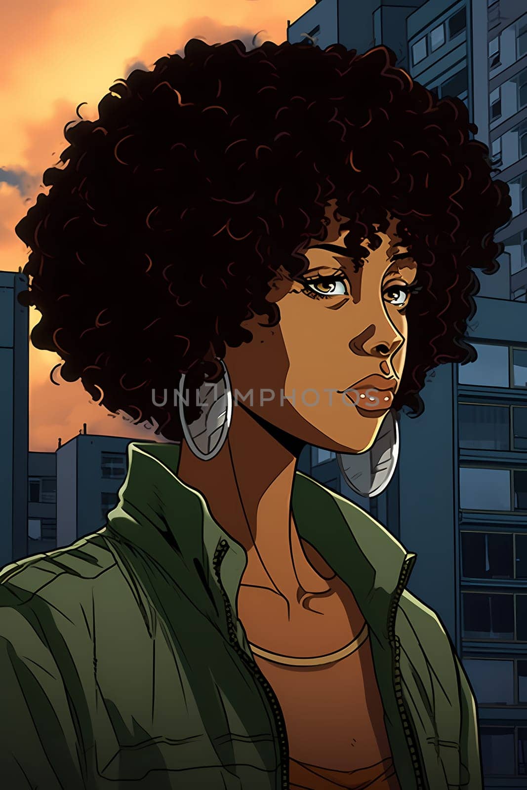 A woman 30 years old African American is being portrayed in the middle of a busy city street (generative AI)