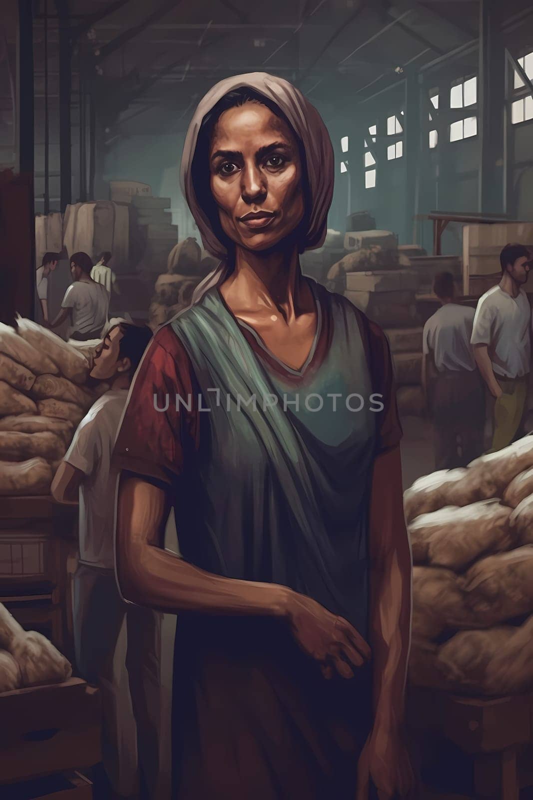 A woman 40 years old Middle Eastern is being portrayed in a lively open-air market surrounded by people and vendors (generative AI)