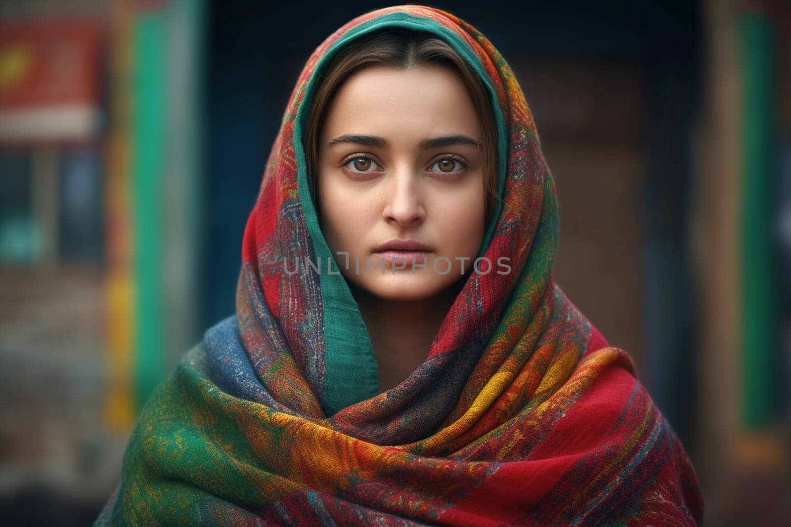 A woman 40 years old Middle Eastern is being portrayed in a lively open-air market surrounded by people and vendors (generative AI)