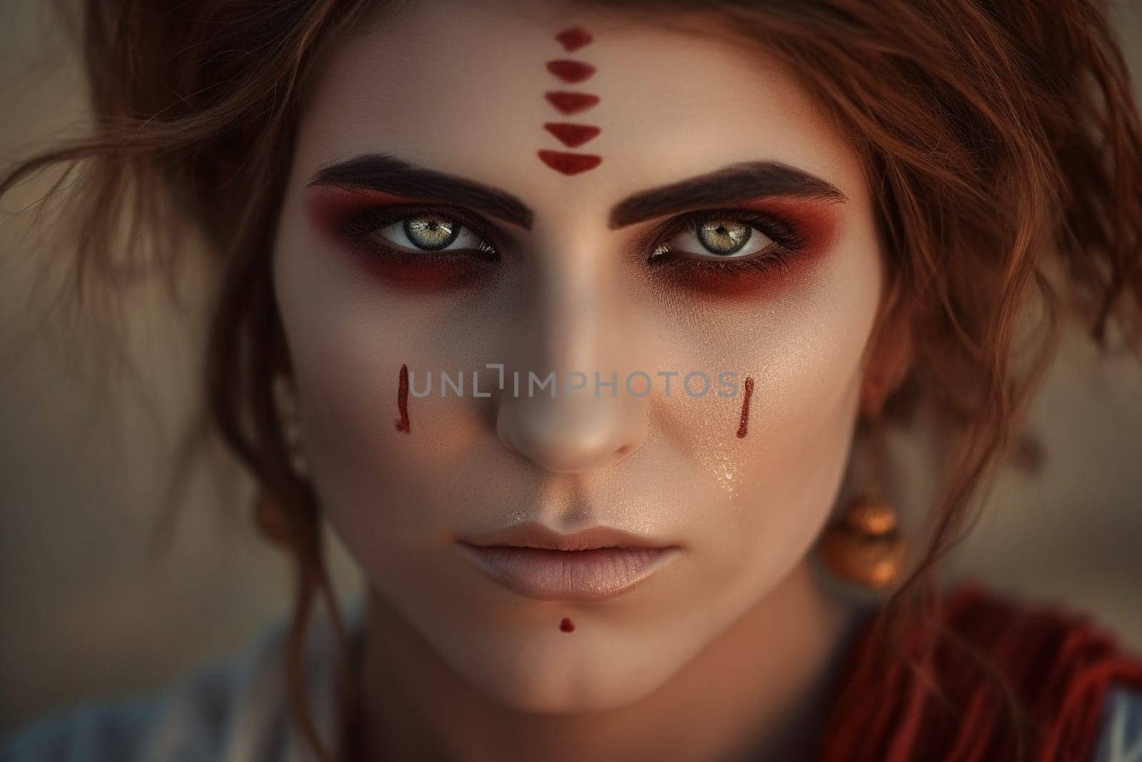 A woman 40 years old Middle Eastern is being portrayed in a lively open-air market surrounded by people and vendors (generative AI)
