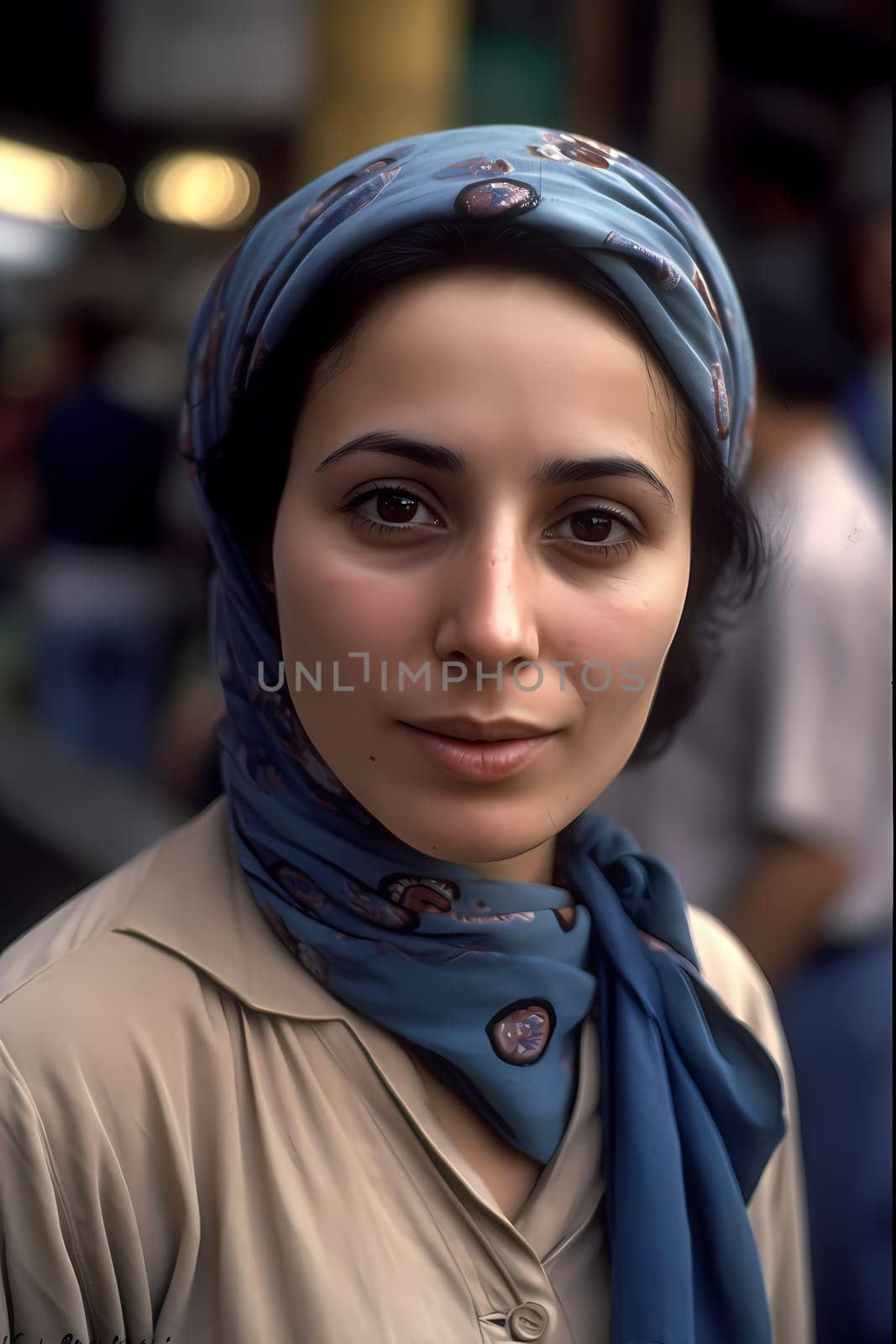 A woman 40 years old Middle Eastern is being portrayed in a lively open-air market surrounded by people and vendors (generative AI)