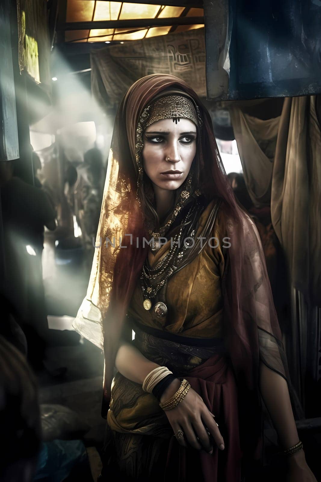 A woman 40 years old Middle Eastern is being portrayed in a lively open-air market surrounded by people and vendors (generative AI)