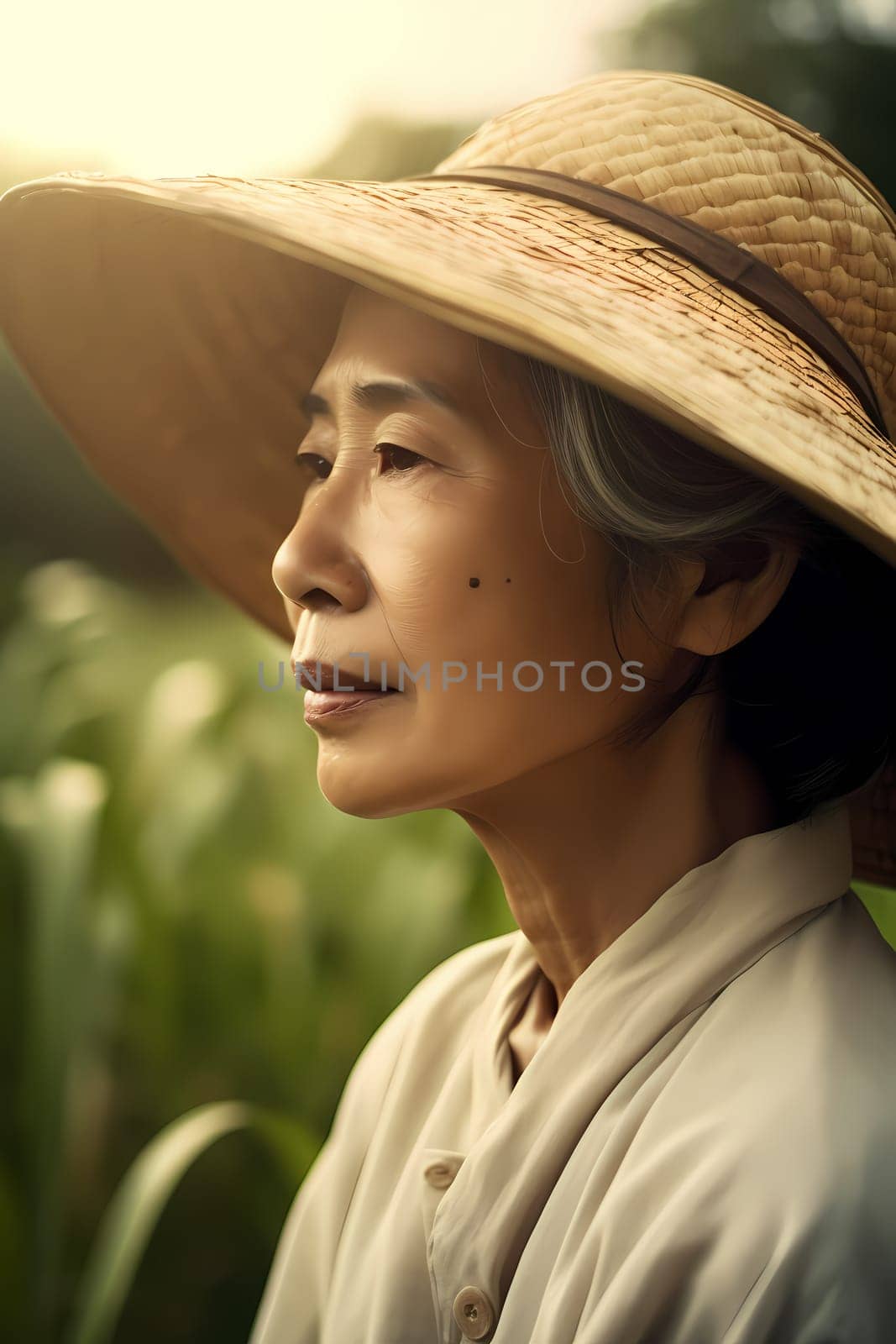 A woman 50 years old Asian is being portrayed in a beautiful rice field setting (generative AI)