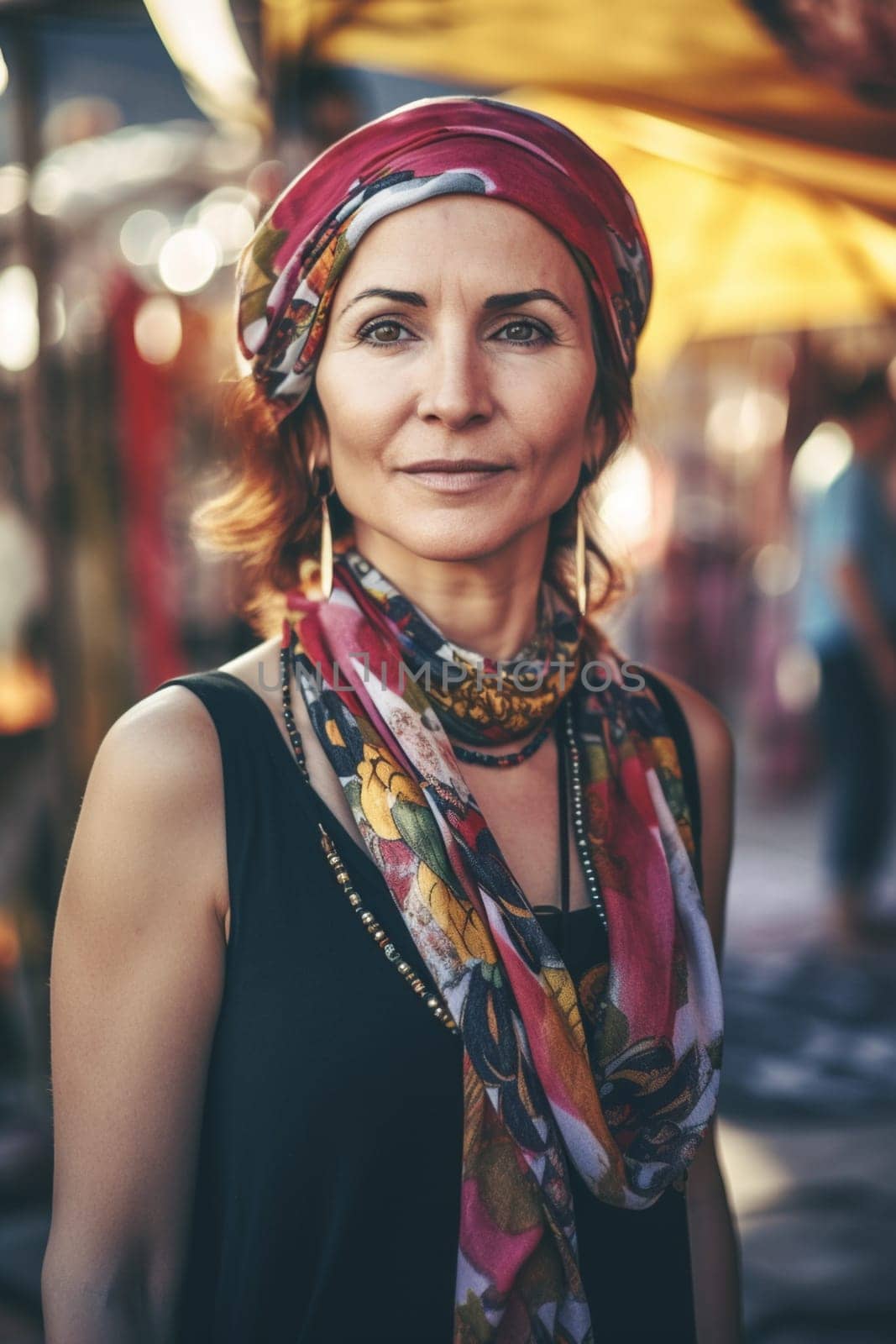 A woman 40 years old Middle Eastern is being portrayed in a lively open-air market surrounded by people and vendors (generative AI)