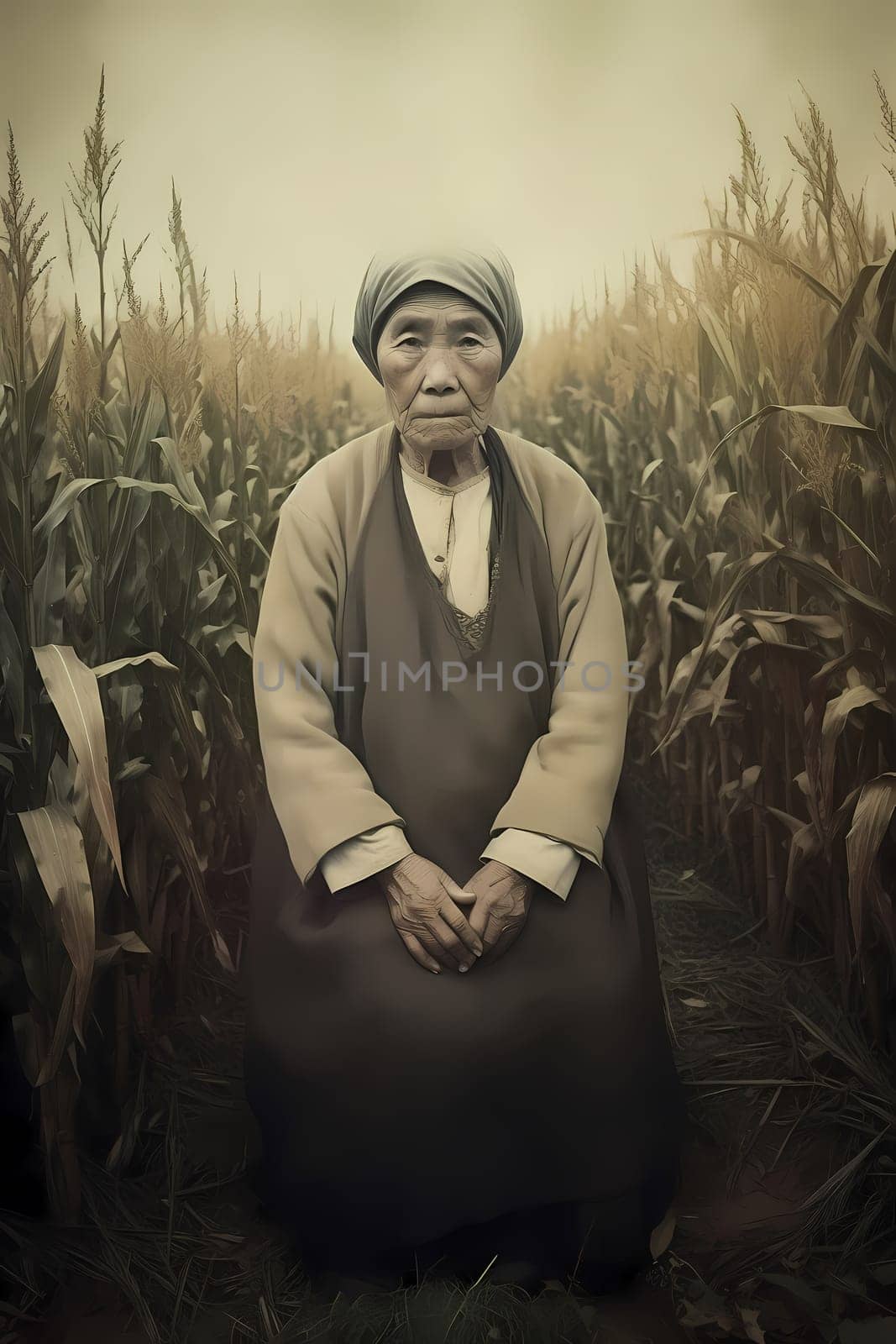 A woman 50 years old Asian is being portrayed in a beautiful rice field setting (generative AI)