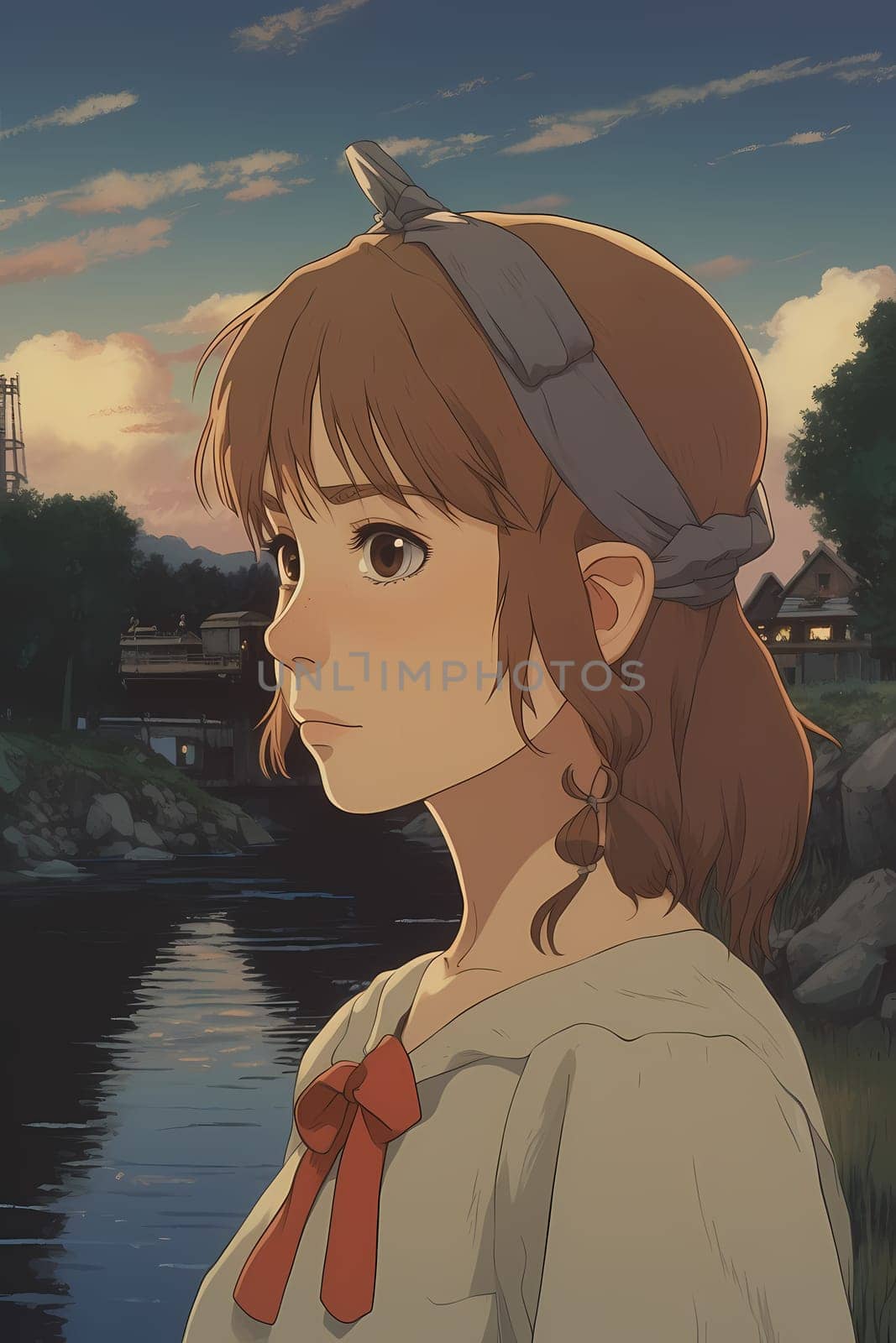 A teenage Russian girl with long red hair stands by a river with a bridge in the background. (generative AI)