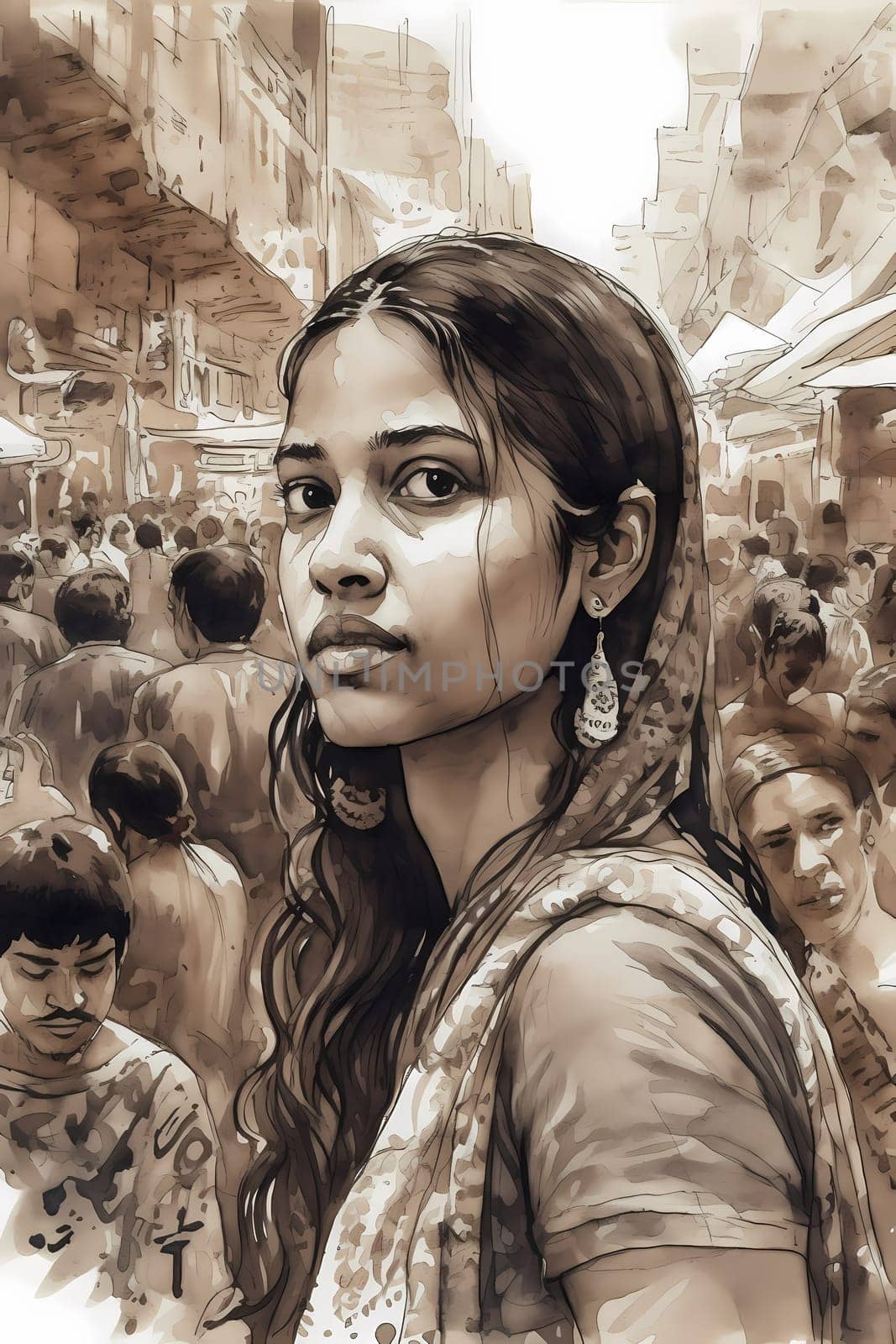 A young Indian woman wearing a saree stands smiling in a crowded and colorful market. (generative AI)