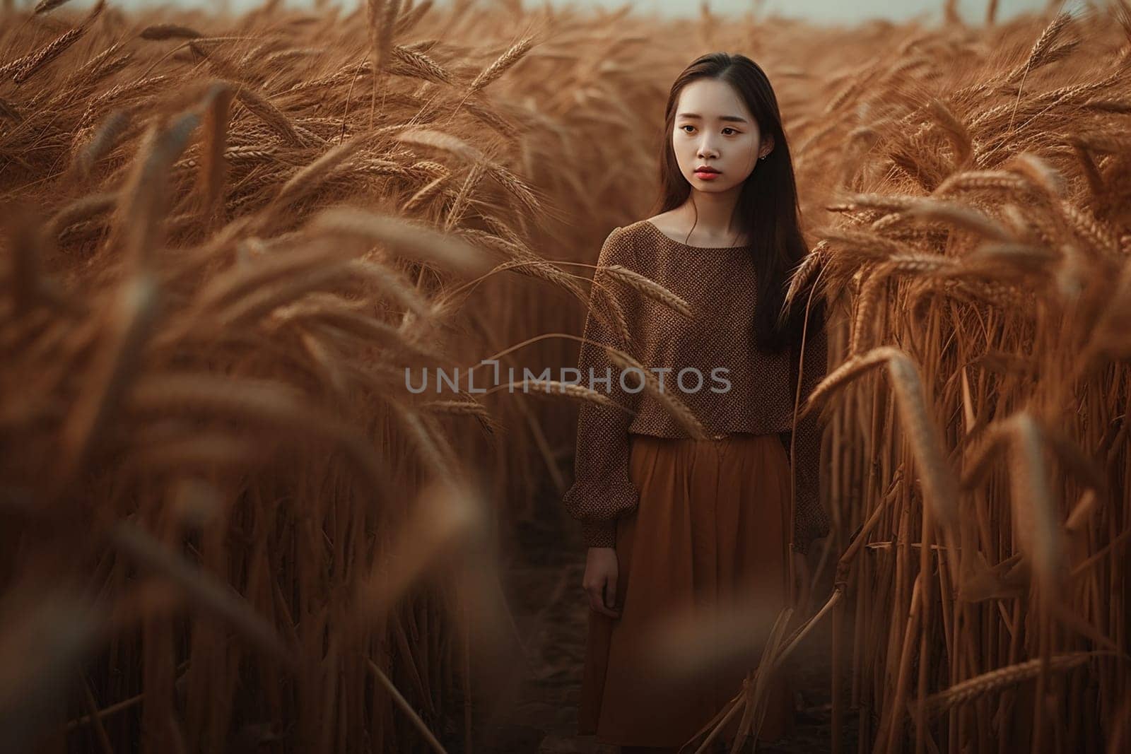 A woman 50 years old Asian is being portrayed in a beautiful rice field setting (generative AI)