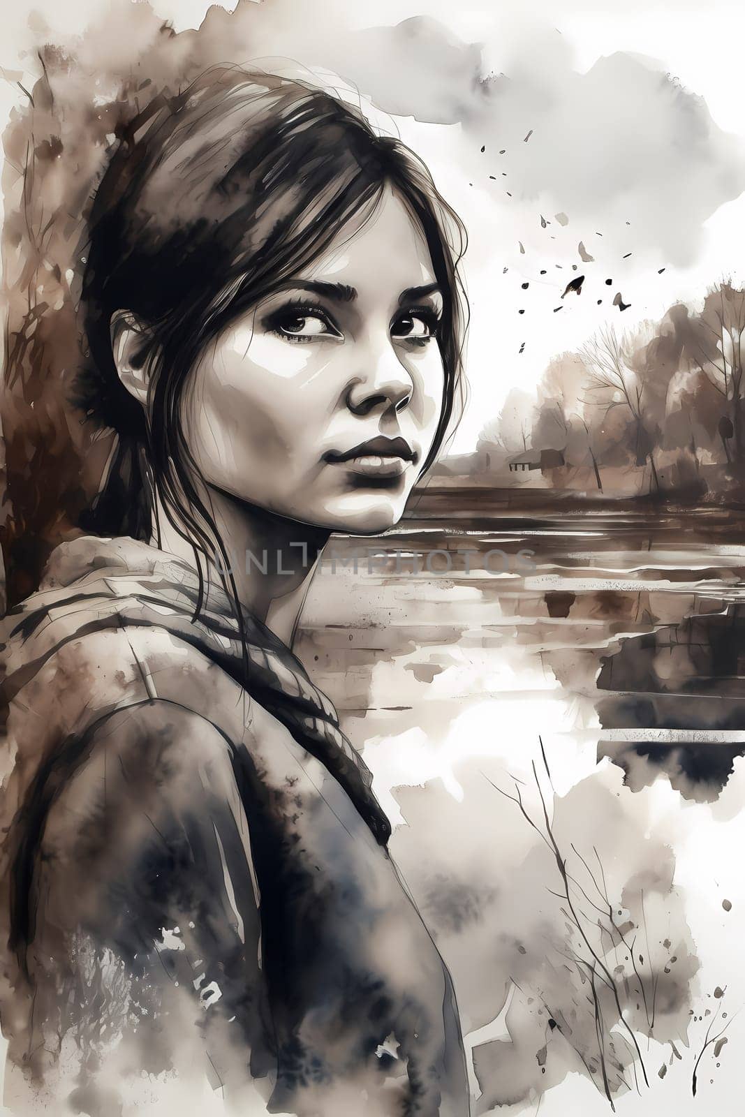 A teenage Russian girl with long red hair stands by a river with a bridge in the background. (generative AI)
