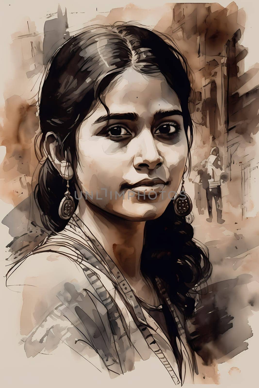 A young Indian woman wearing a saree stands smiling in a crowded and colorful market. (generative AI)