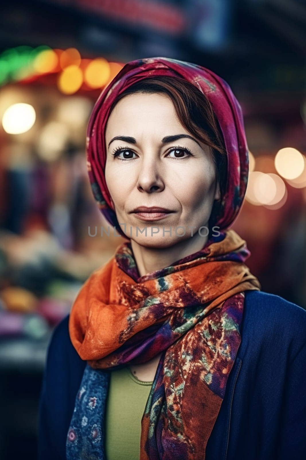 A woman 40 years old Middle Eastern is being portrayed in a lively open-air market surrounded by people and vendors (generative AI)