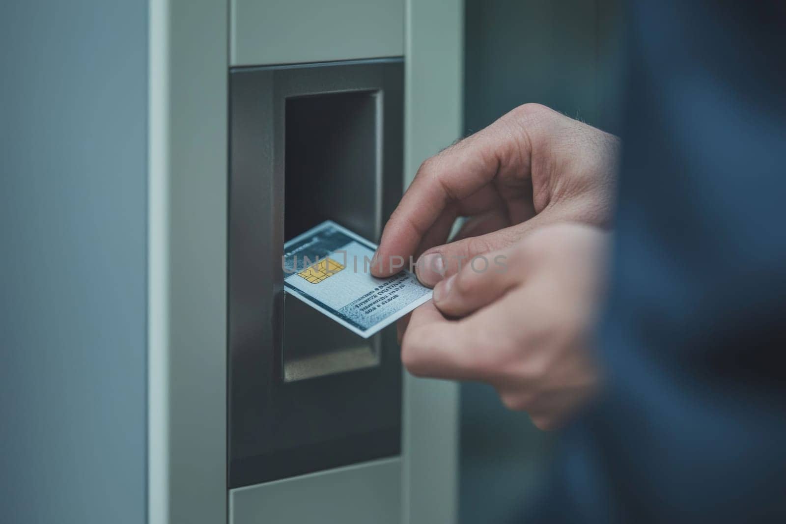 A hand inserting a card into a payment terminal while surrounded by a bustling urban environment filled with activity.