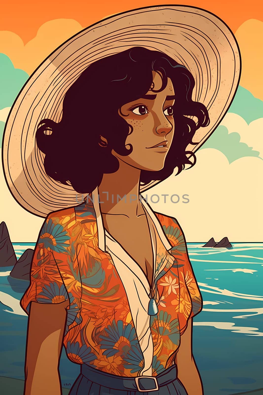 A woman 21 years old Latin American is being portrayed on a vibrant beach during a sunny day (generative AI)