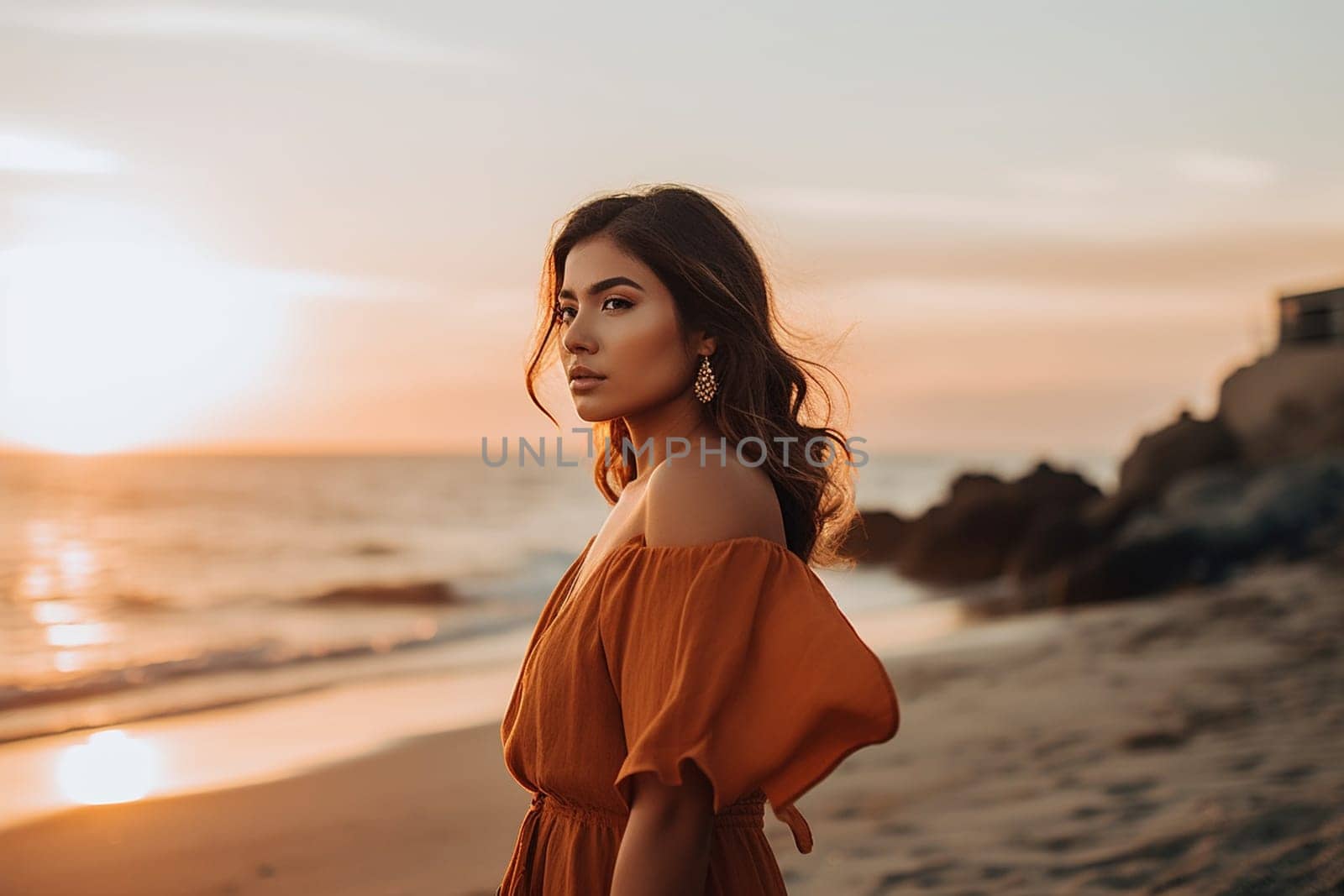 A woman 21 years old Latin American is being portrayed on a vibrant beach during a sunny day (generative AI)