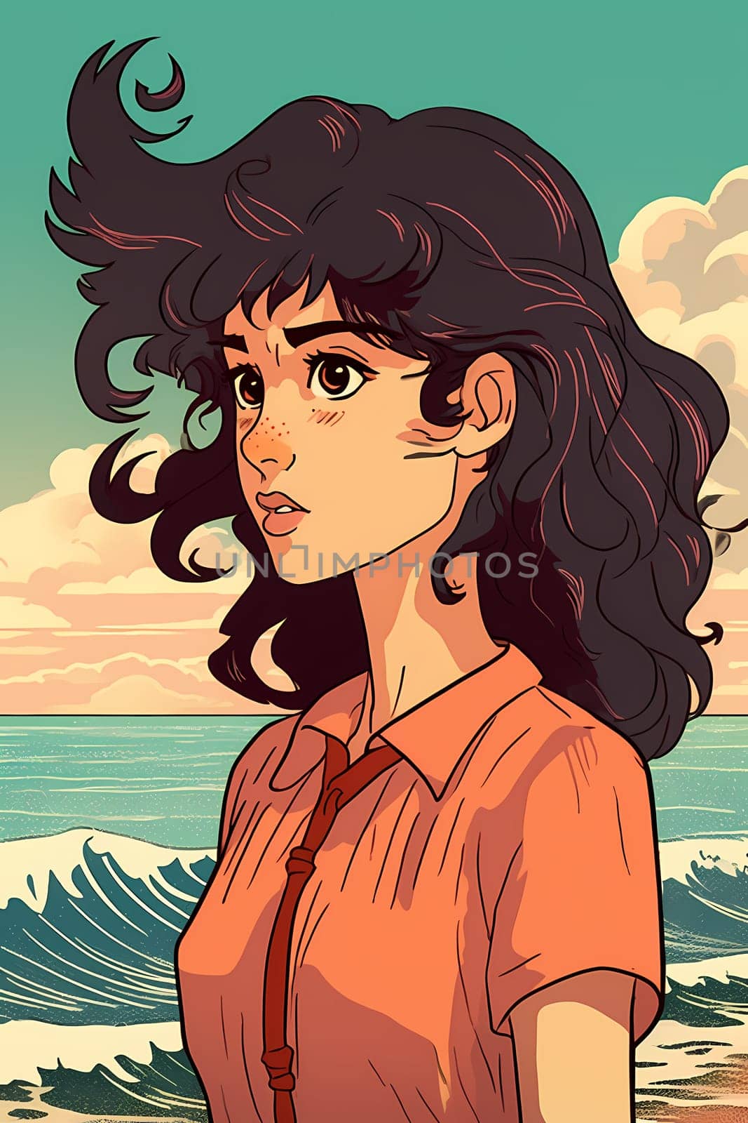 A woman 21 years old Latin American is being portrayed on a vibrant beach during a sunny day (generative AI)