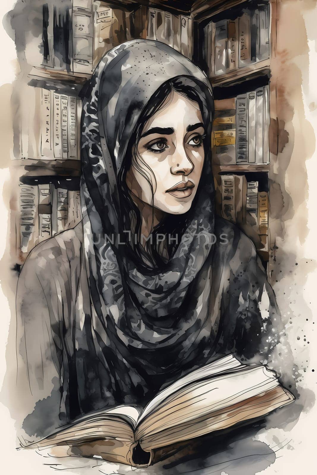 A young Middle Eastern woman is captured inside a peaceful library. (generative AI)