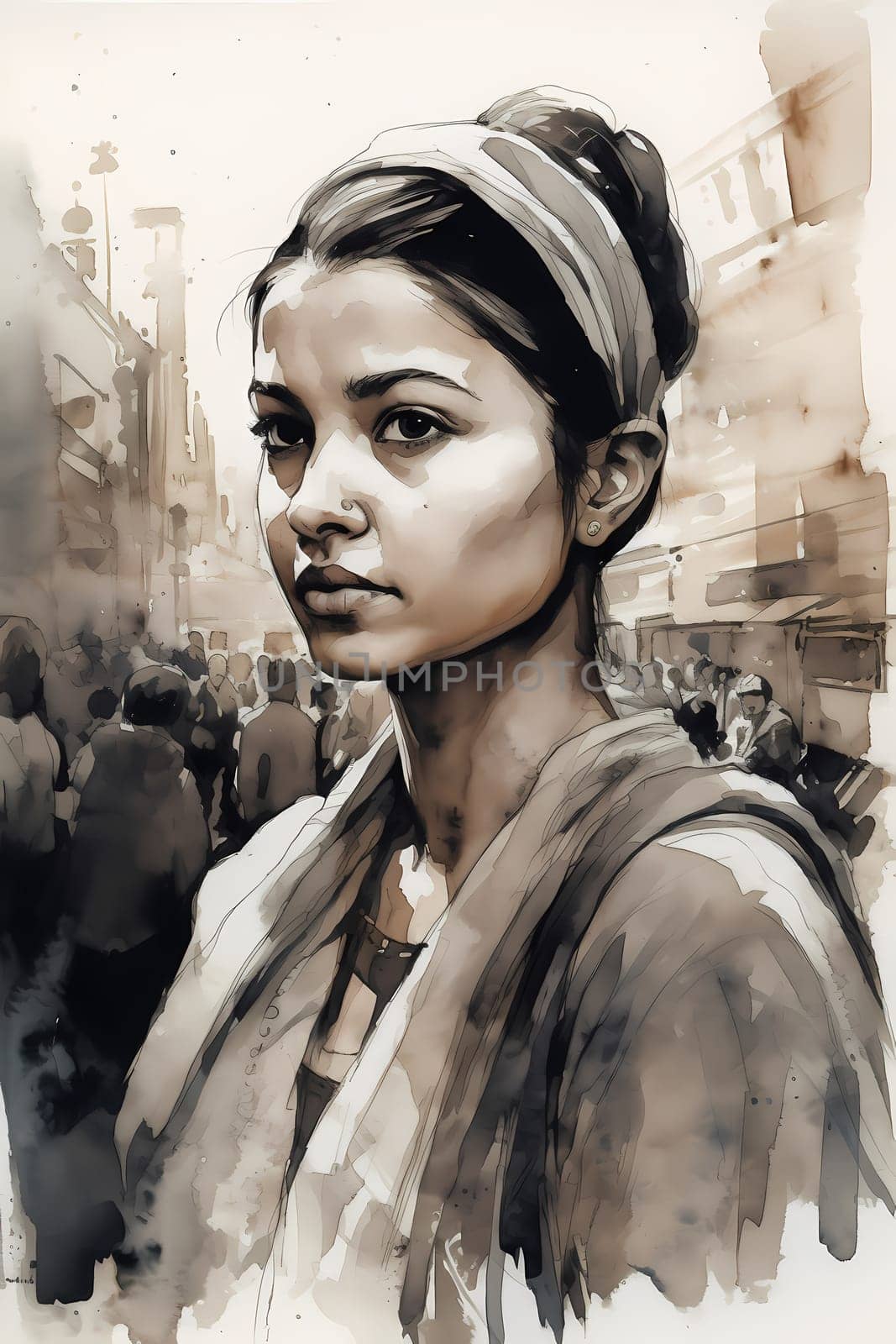 A young Indian woman wearing a saree stands smiling in a crowded and colorful market. (generative AI)