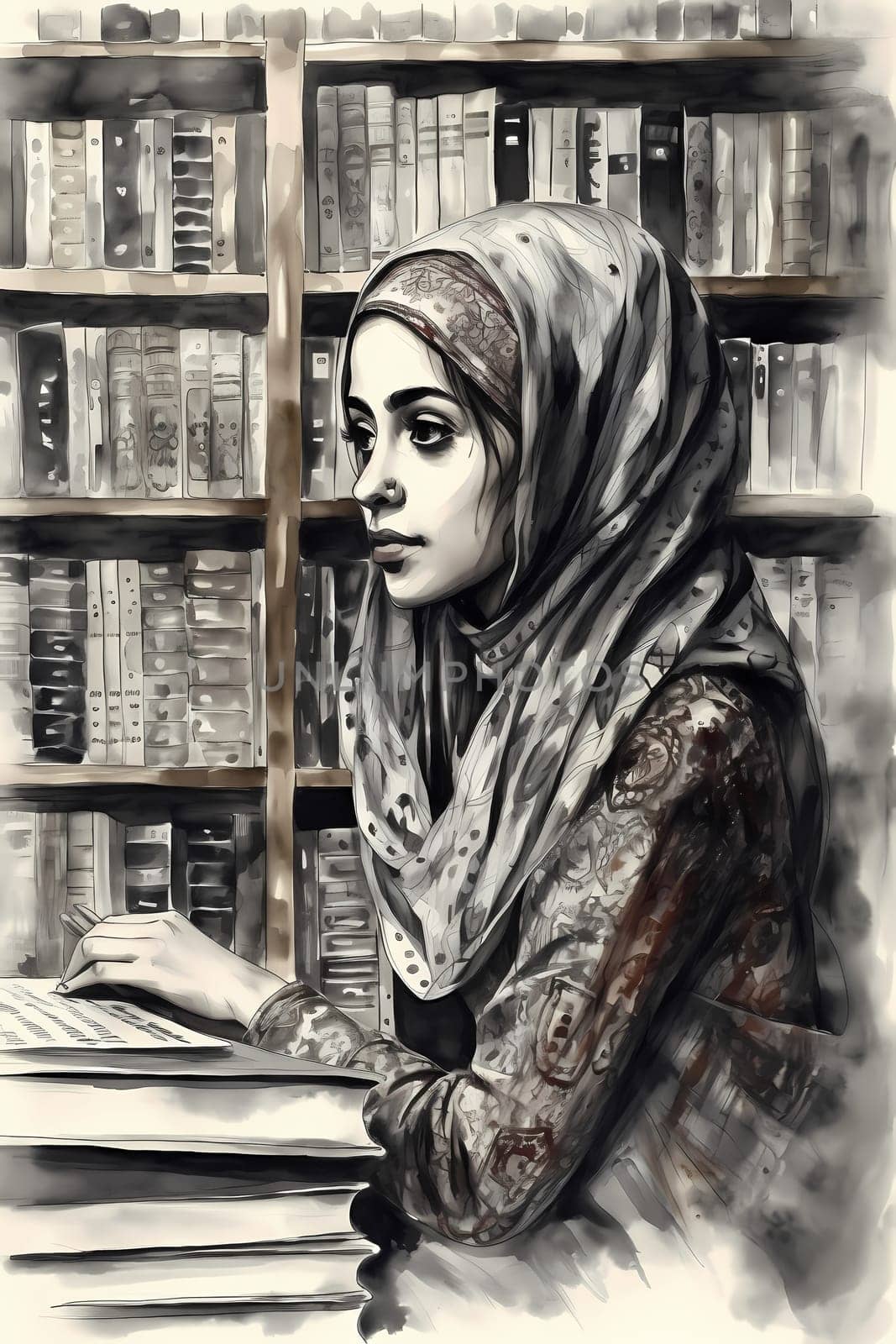 A young Middle Eastern woman is captured inside a peaceful library. (generative AI)