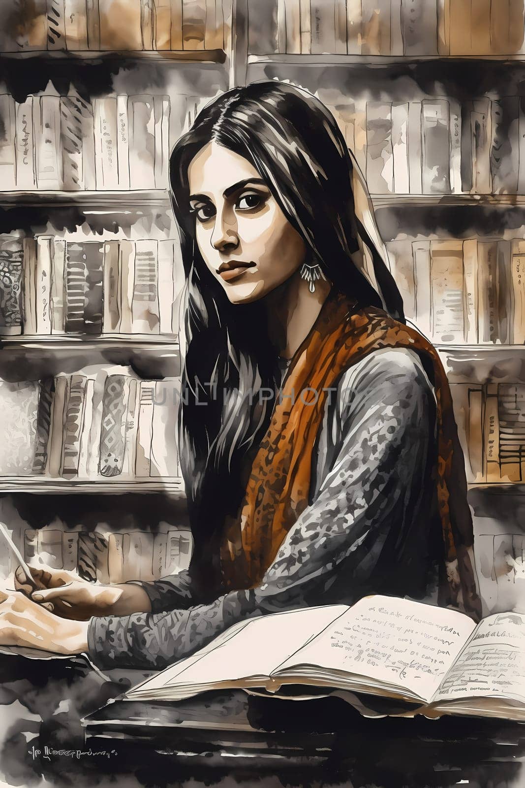 A young Middle Eastern woman is captured inside a peaceful library. (generative AI)