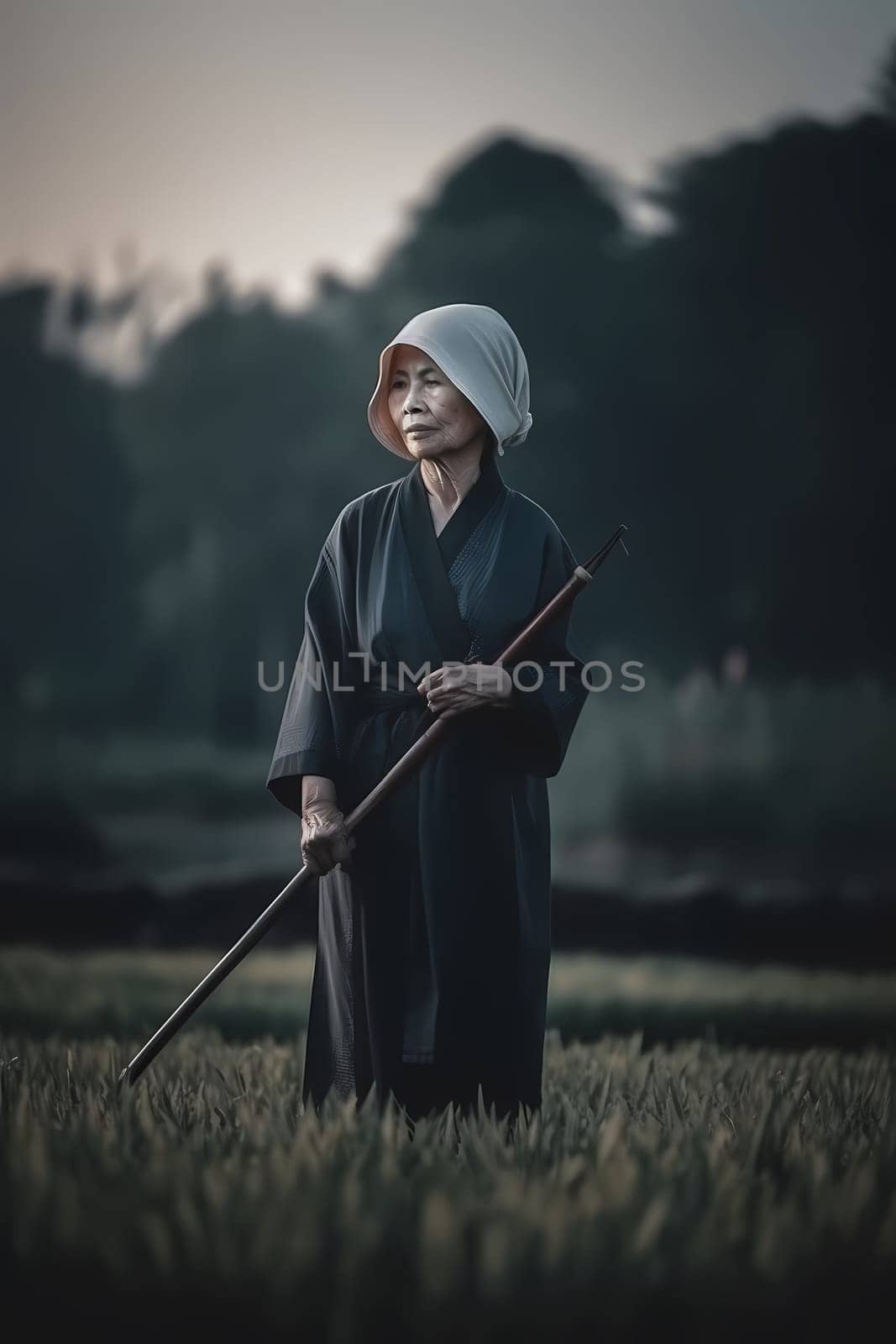 A woman 50 years old Asian is being portrayed in a beautiful rice field setting (generative AI)