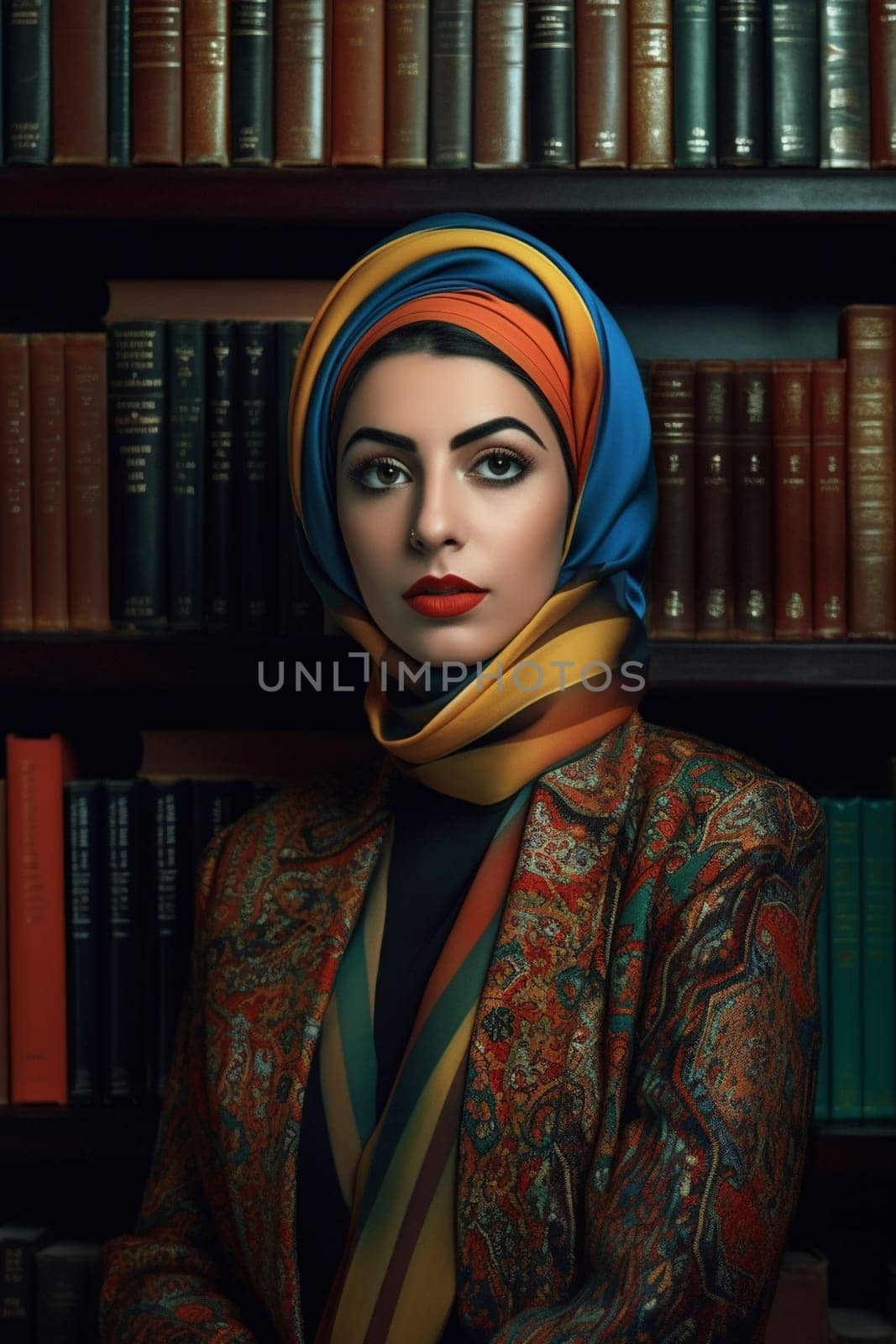 A young Middle Eastern woman is captured inside a peaceful library. (generative AI)
