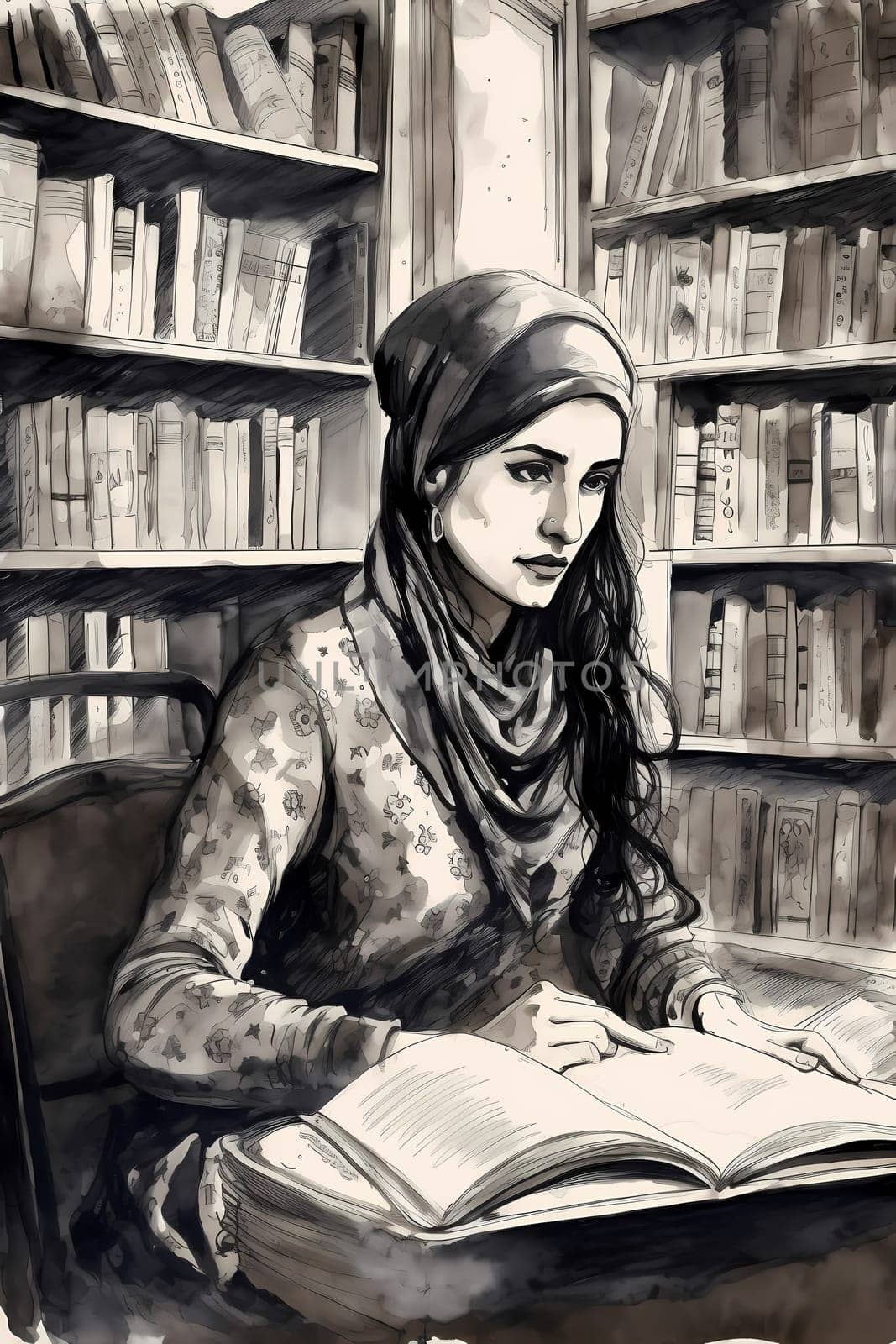 A young Middle Eastern woman is captured inside a peaceful library. (generative AI)