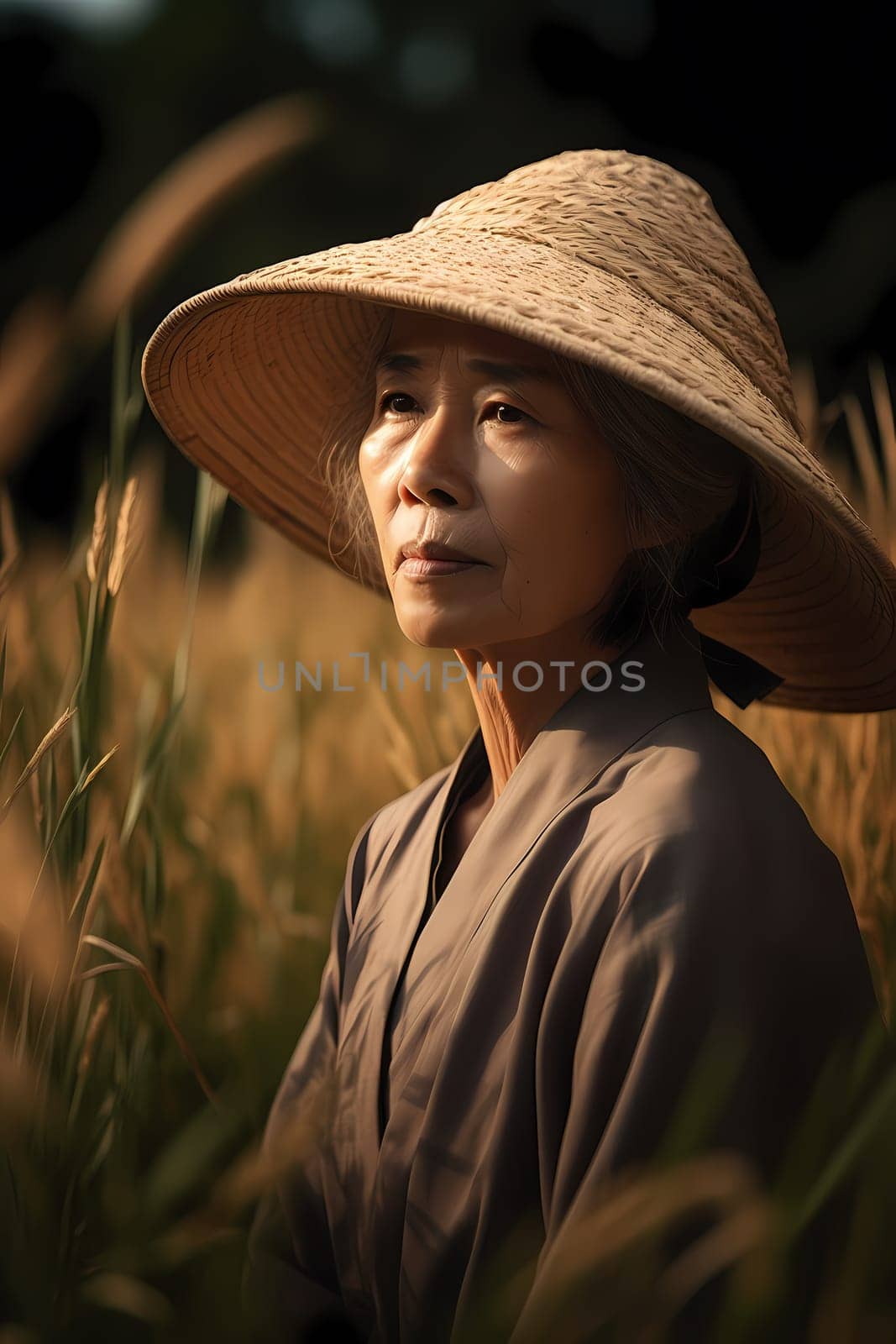 A woman 50 years old Asian is being portrayed in a beautiful rice field setting (generative AI)