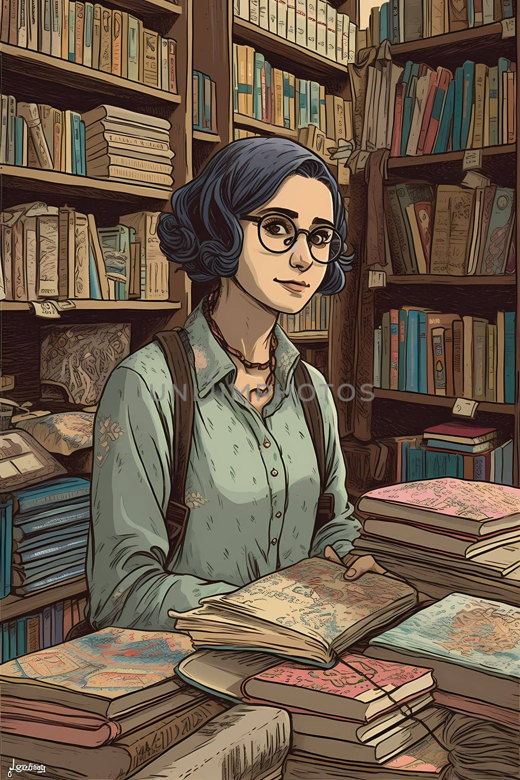 A young Middle Eastern woman is captured inside a peaceful library. (generative AI)