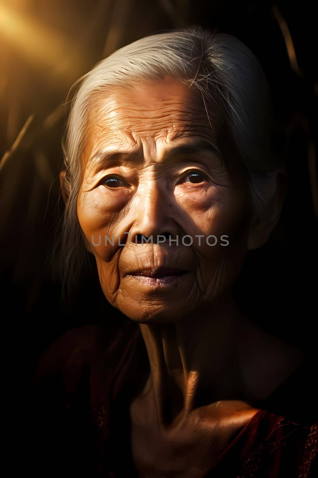 A woman 50 years old Asian is being portrayed in a beautiful rice field setting (generative AI)
